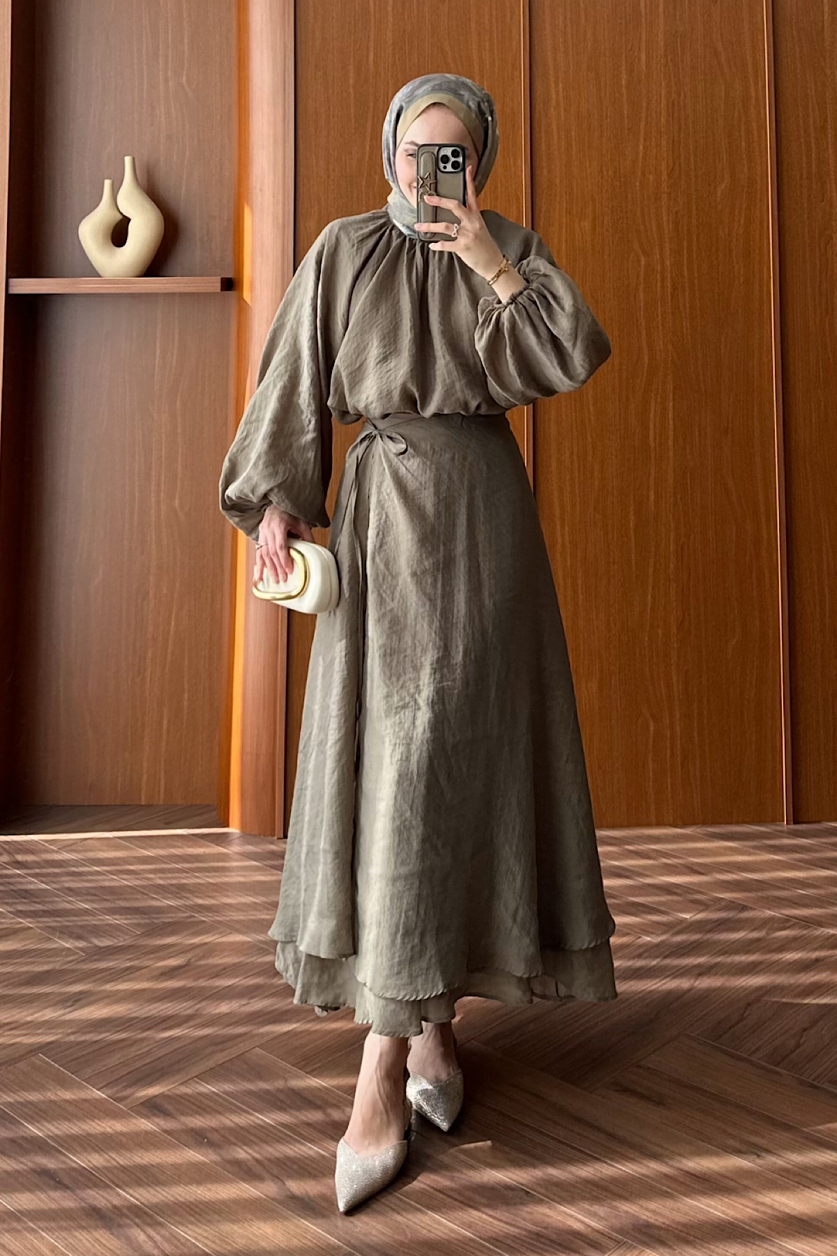 Balon kol Üçlü Etekli Takım HakiDubaiShowroomTAKIM23831