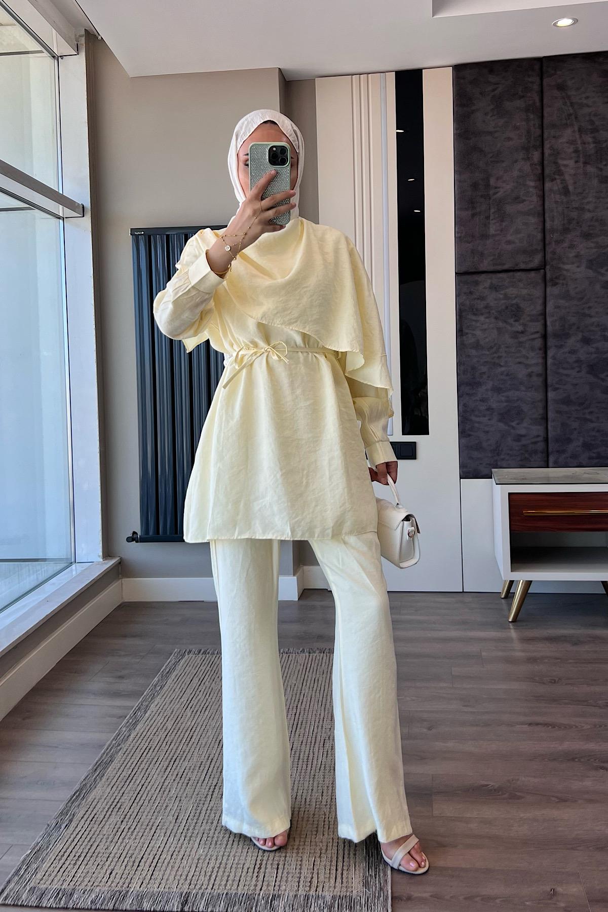 Omuz Şal Atkı Detay Takım SarıDubaiShowroomTAKIM07426-SARI