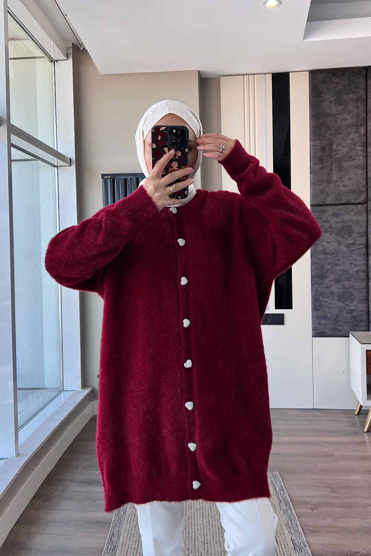 Kalp Düğmeli Yumoş hırka BordoDubaiShowroomTAKIM97979