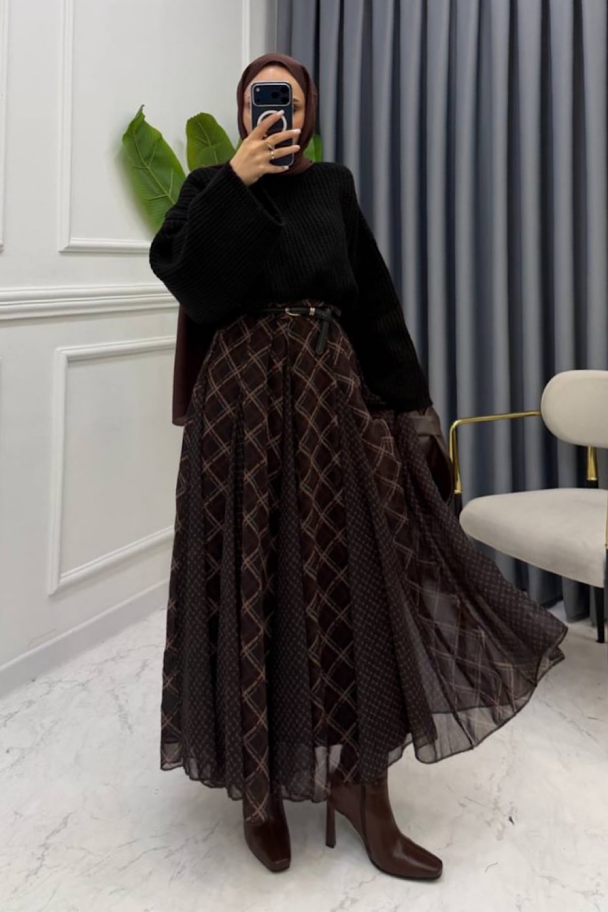 Şifon Ekose Etek Kahverengi DubaiShowroomALT GİYİM26038