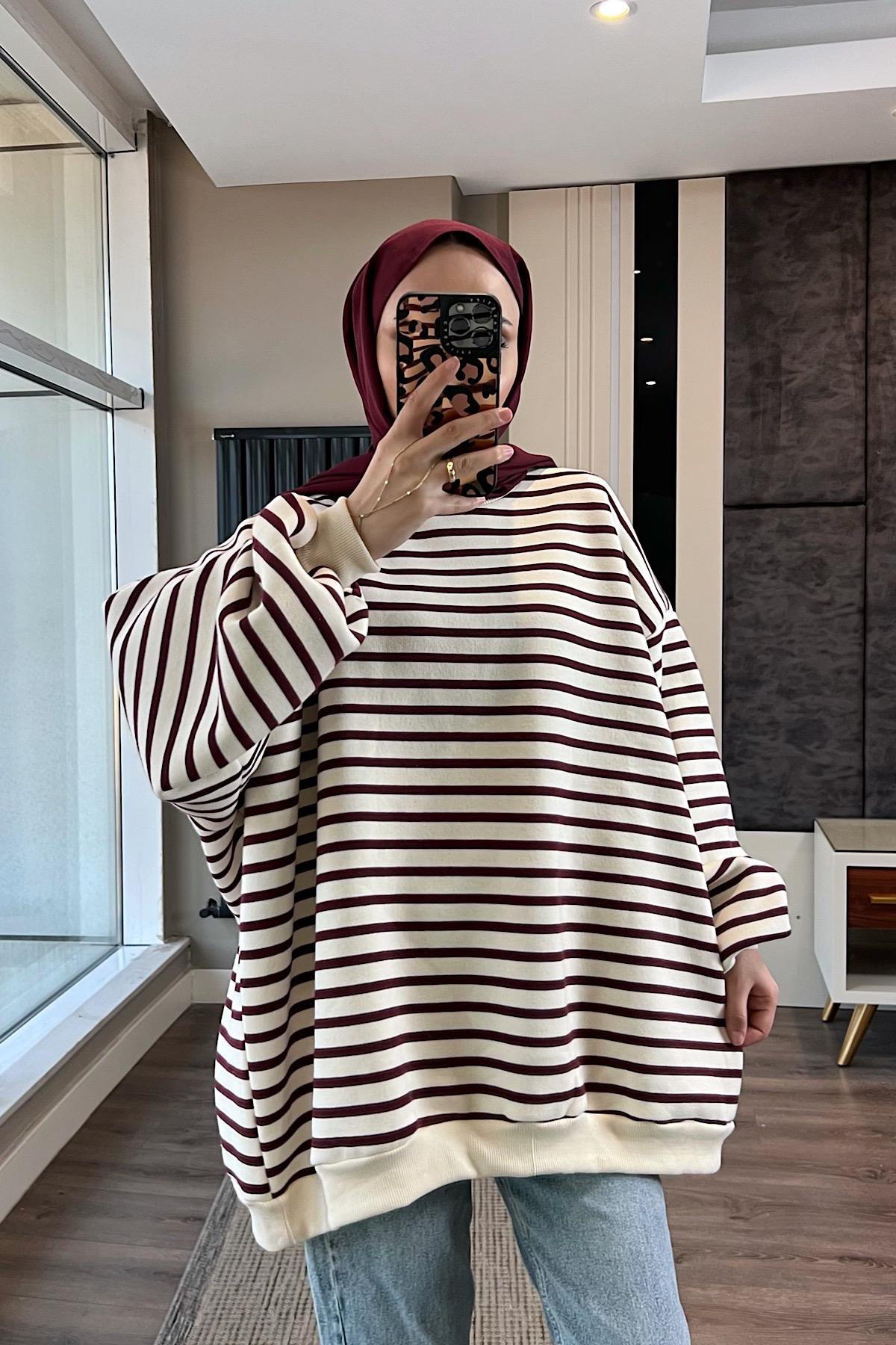 Çizgili Üç İplik Kumaş Sweat BordoDubaiShowroomSWEAT30891