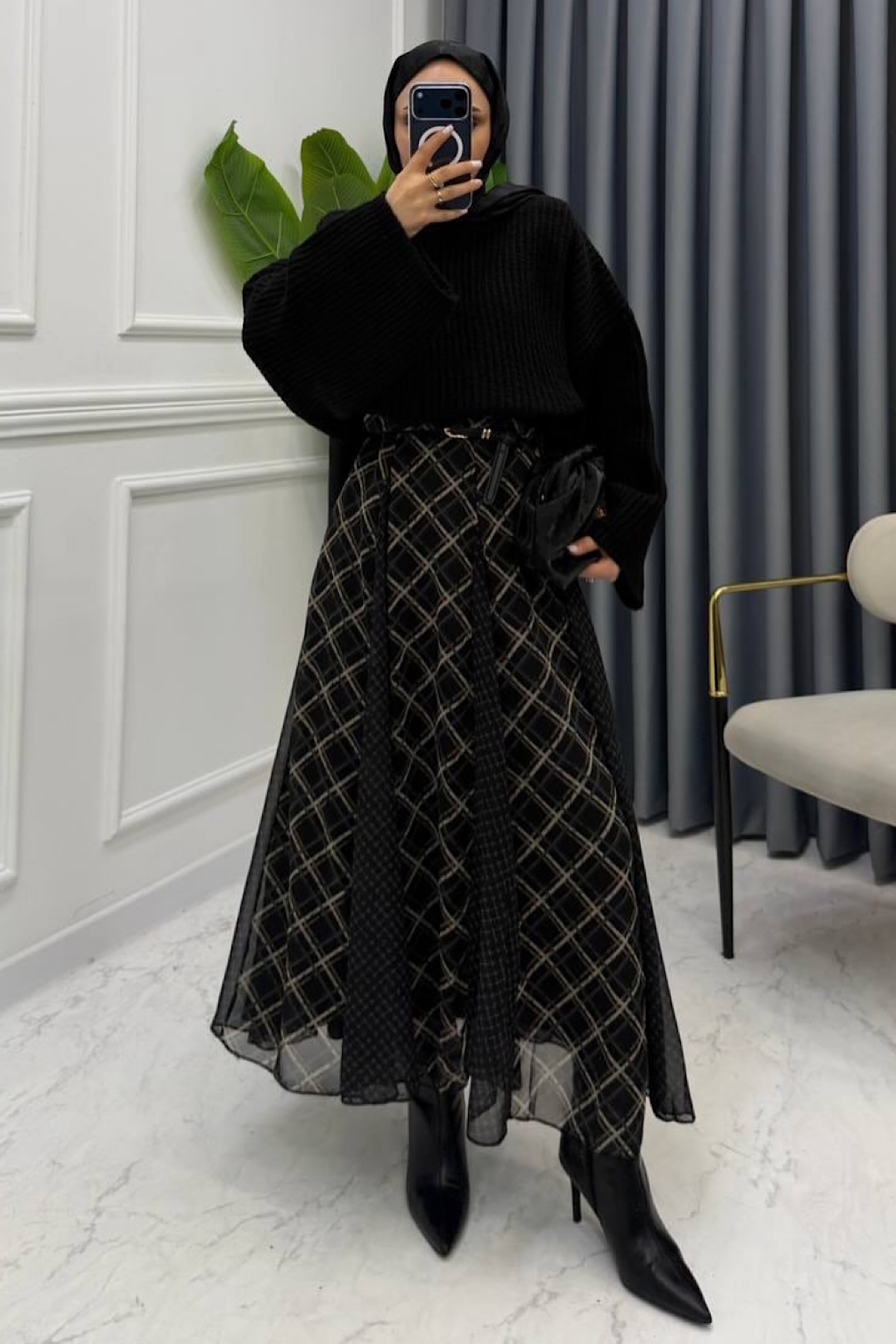 Şifon Ekose Etek SiyahDubaiShowroomALT GİYİM26038