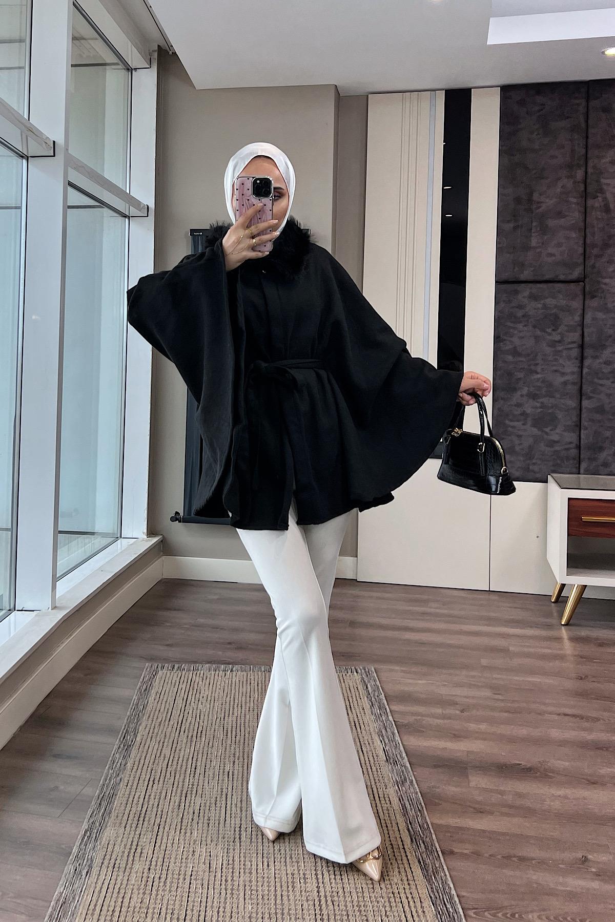 Kürk Yaka Panço SiyahDubaiShowroomDIŞ GİYİM70037