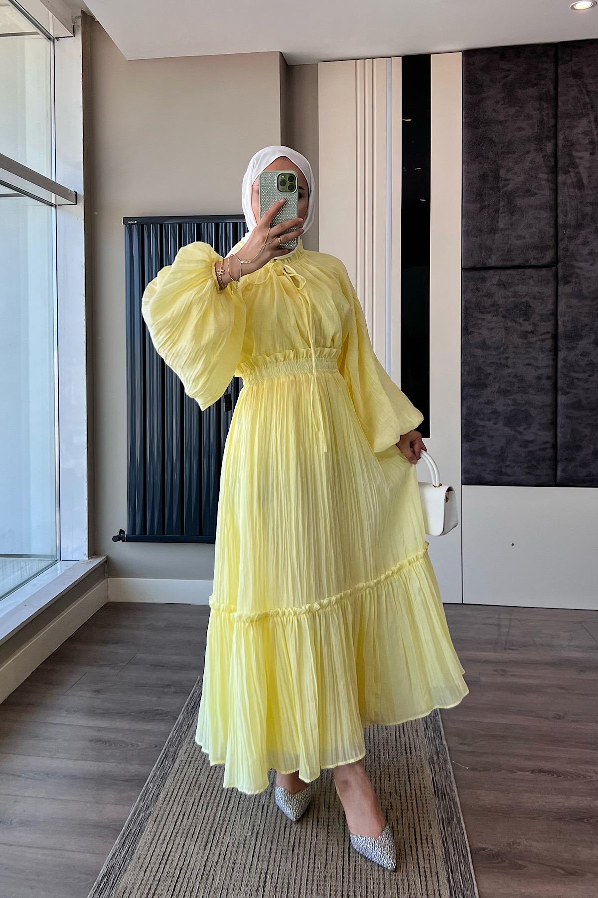 Kraşlı Vual Etekli Takım SarıDubaiShowroomTAKIM02326-SR