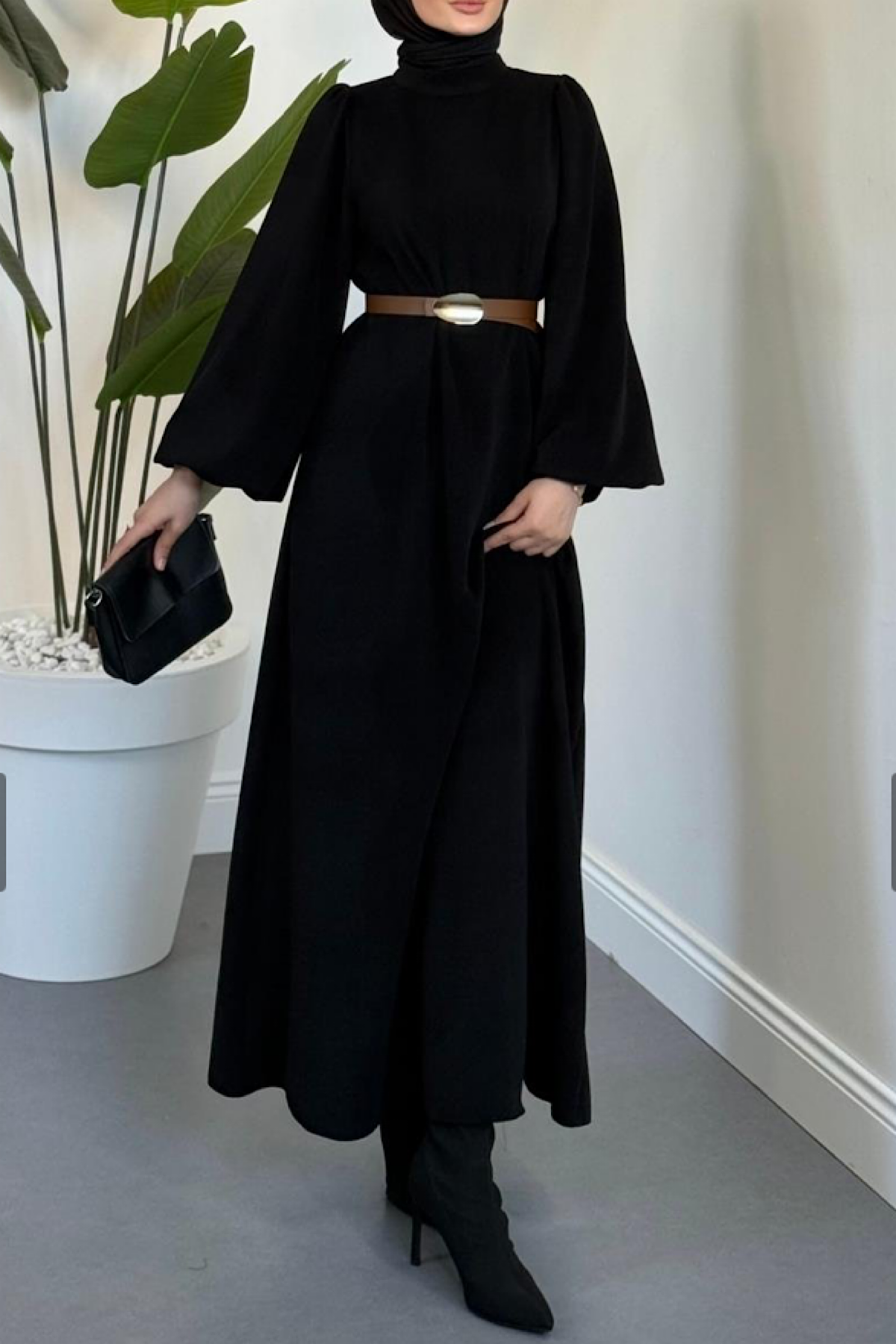 Kemerli Balon Kol Elbise SiyahDubaiShowroomELBİSELER01151