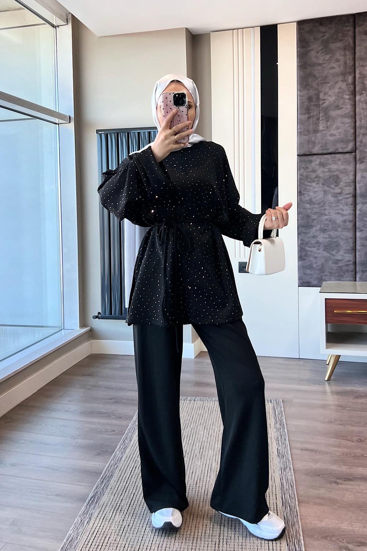 Üzeri Taşlı Pamuklu Takım SiyahDubaiShowroomTAKIM514506