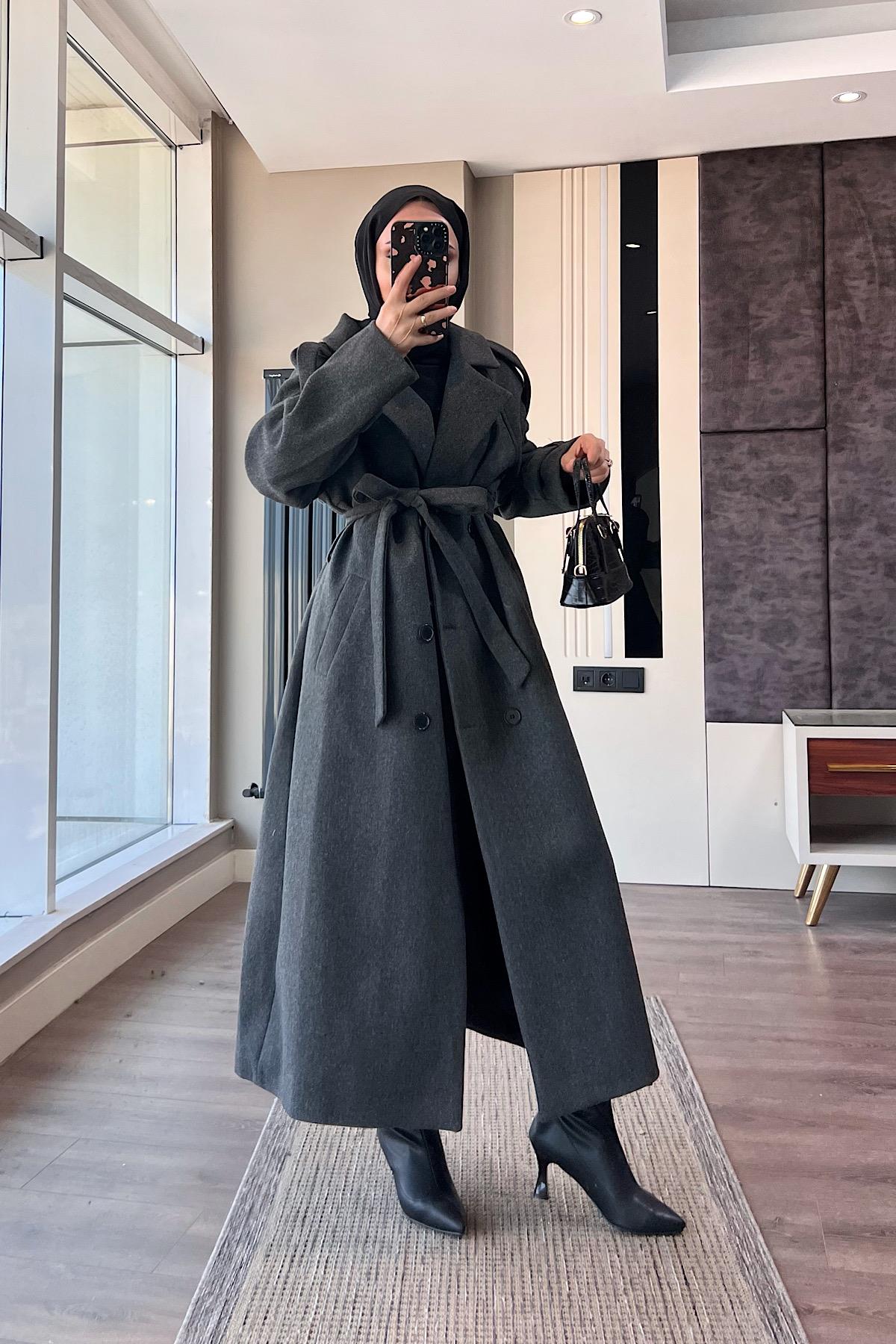 Kuşaklı Kaşe Kaban AntraitDubaiShowroomDIŞ GİYİM70028