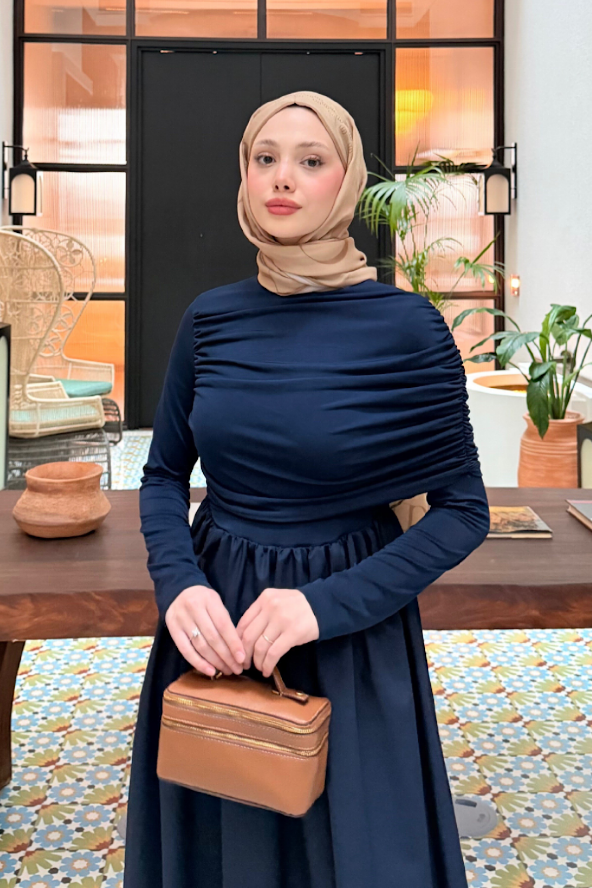 Büzgülü Sandy Poplin Elbise LacivertDubaiShowroomELBİSELER91110