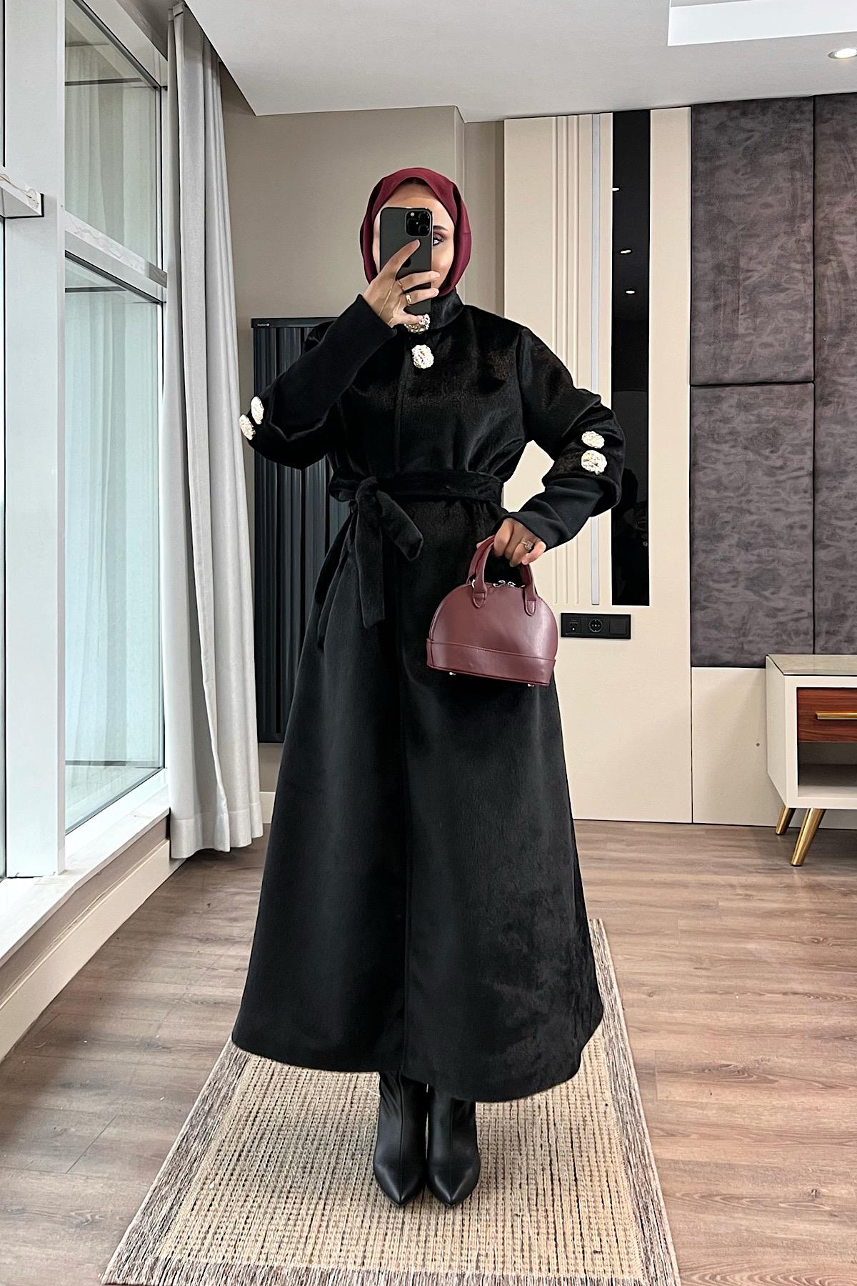 Kol Ribanalı Angora Kaban SiyahDubaiShowroomDIŞ GİYİM09159