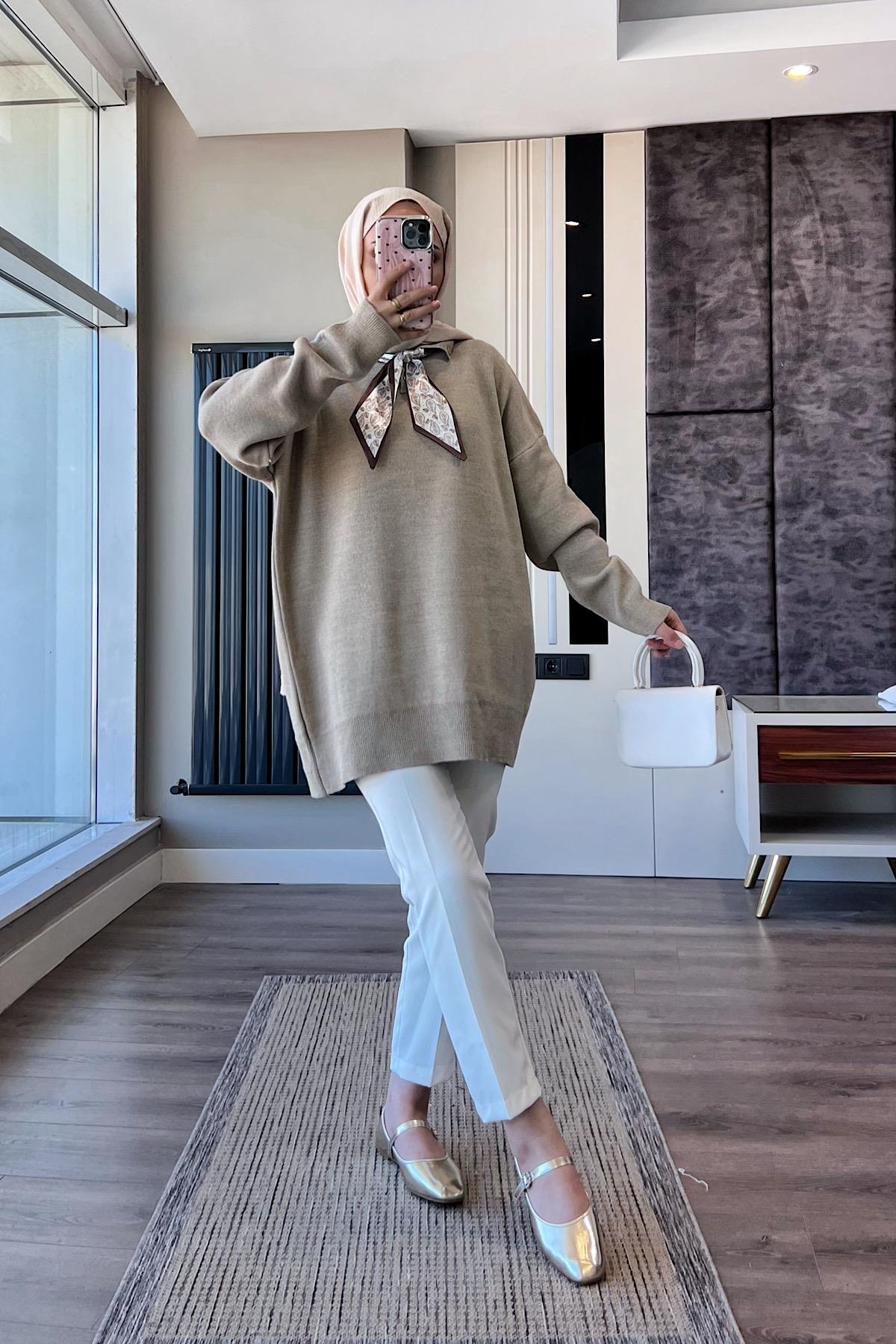 Fular Detaylı Tunik VizonDubaiShowroomÜST GİYİM01005