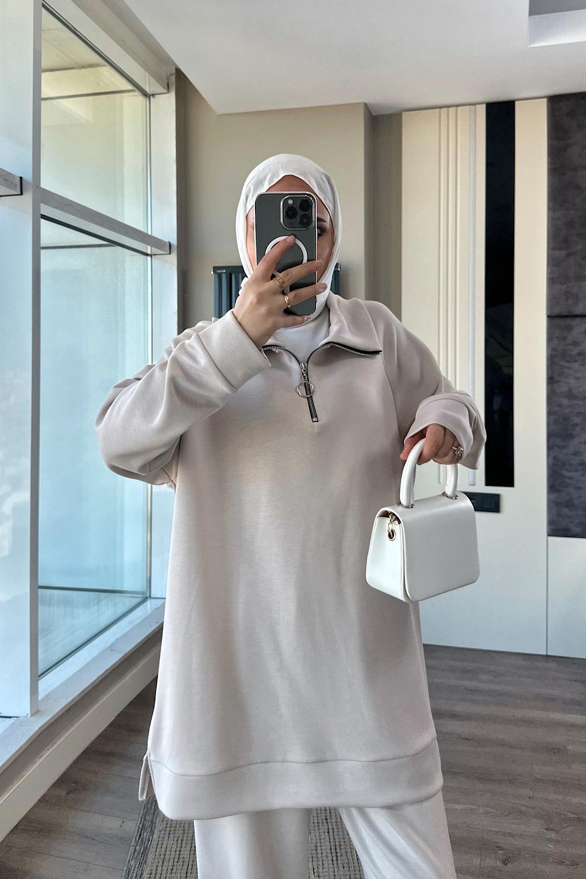 Yakası Fermuarlı Takım KremDubaiShowroomTAKIM01020