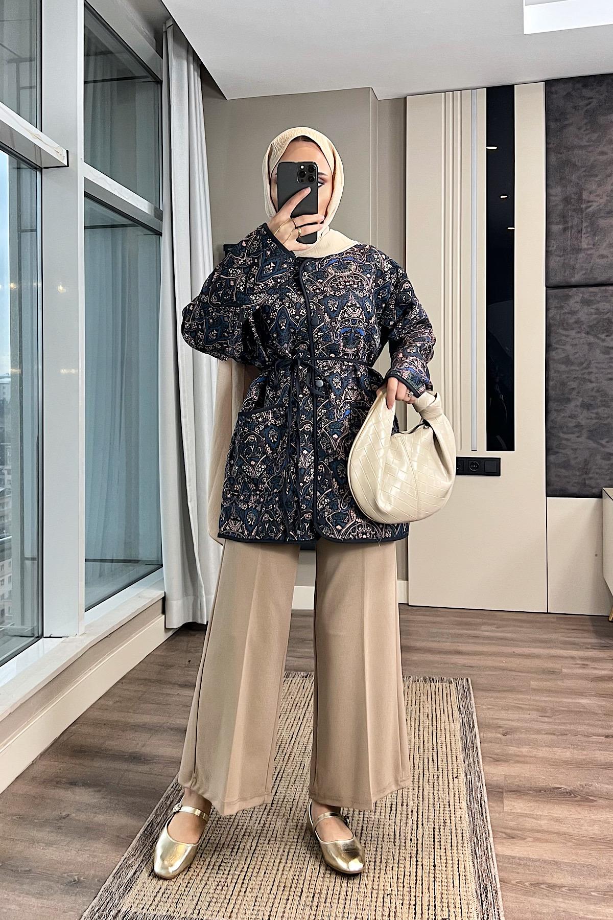 Desenli Kimono Lacivert DubaiShowroomDIŞ GİYİM01983