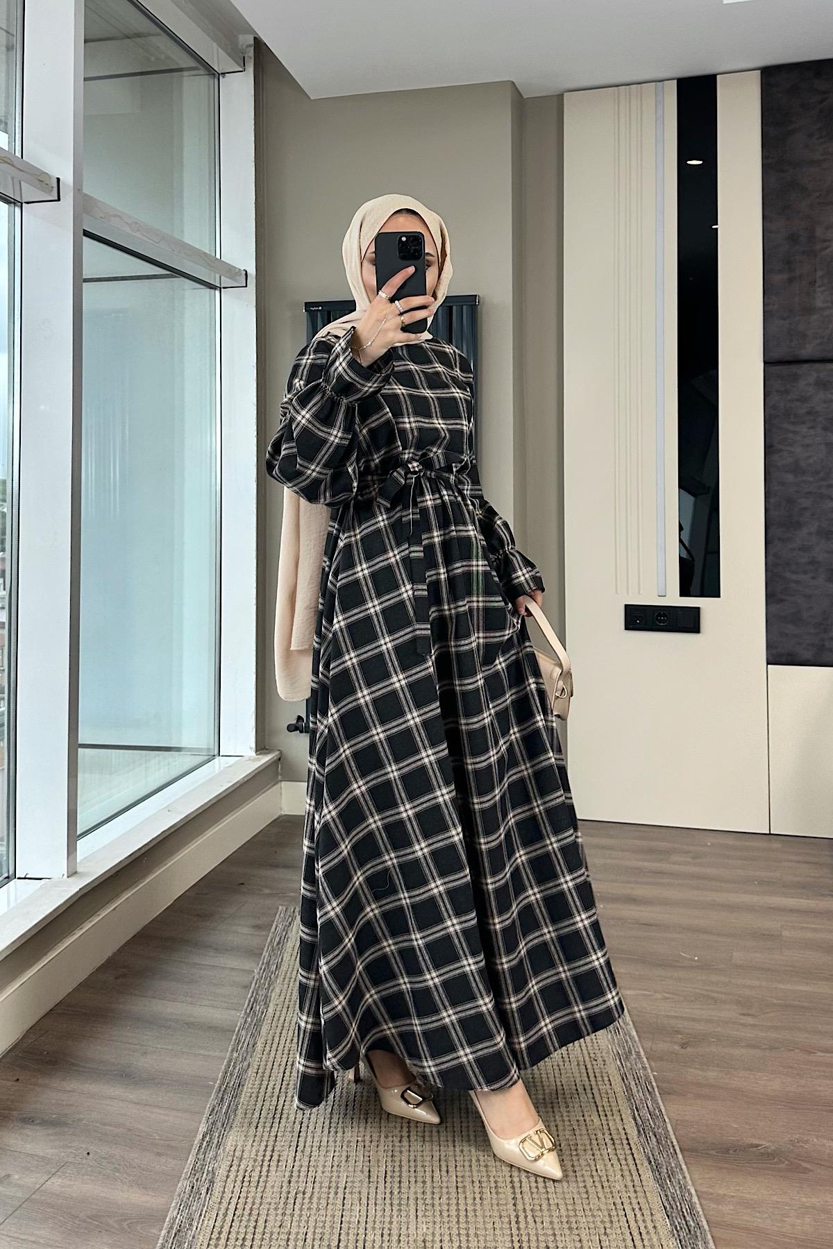 Ekose Desen Elbise SiyahDubaiShowroomELBİSELER01180