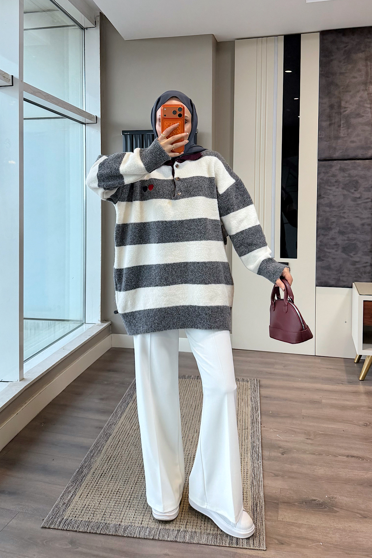 Polo Yaka Gri Beyaz Çizgili Yumoş TunikDubaiShowroomÜST GİYİM00968