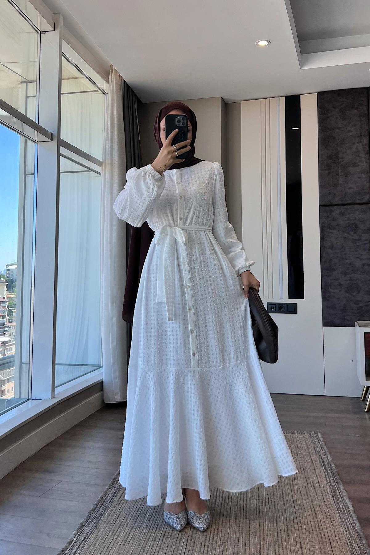 İçi uzun kol Astarlı ikili takım - astar  Elbise - BeyazDubaiShowroomELBİSELER92004