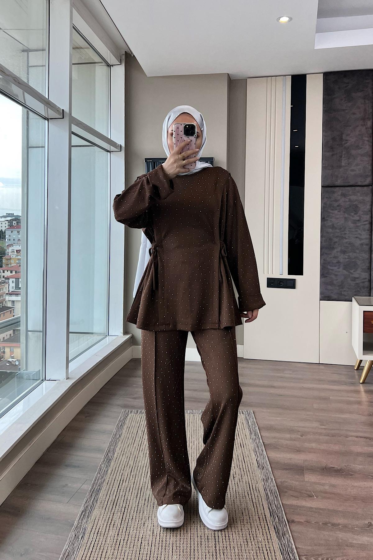 Yandan Bağcıklı Taşlı Oysho Takım Kahverengi DubaiShowroomTAKIM01039