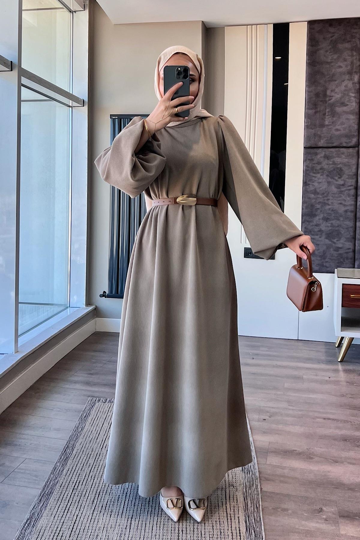 Kemerli Balon Kol Elbise VizonDubaiShowroomELBİSELER01151