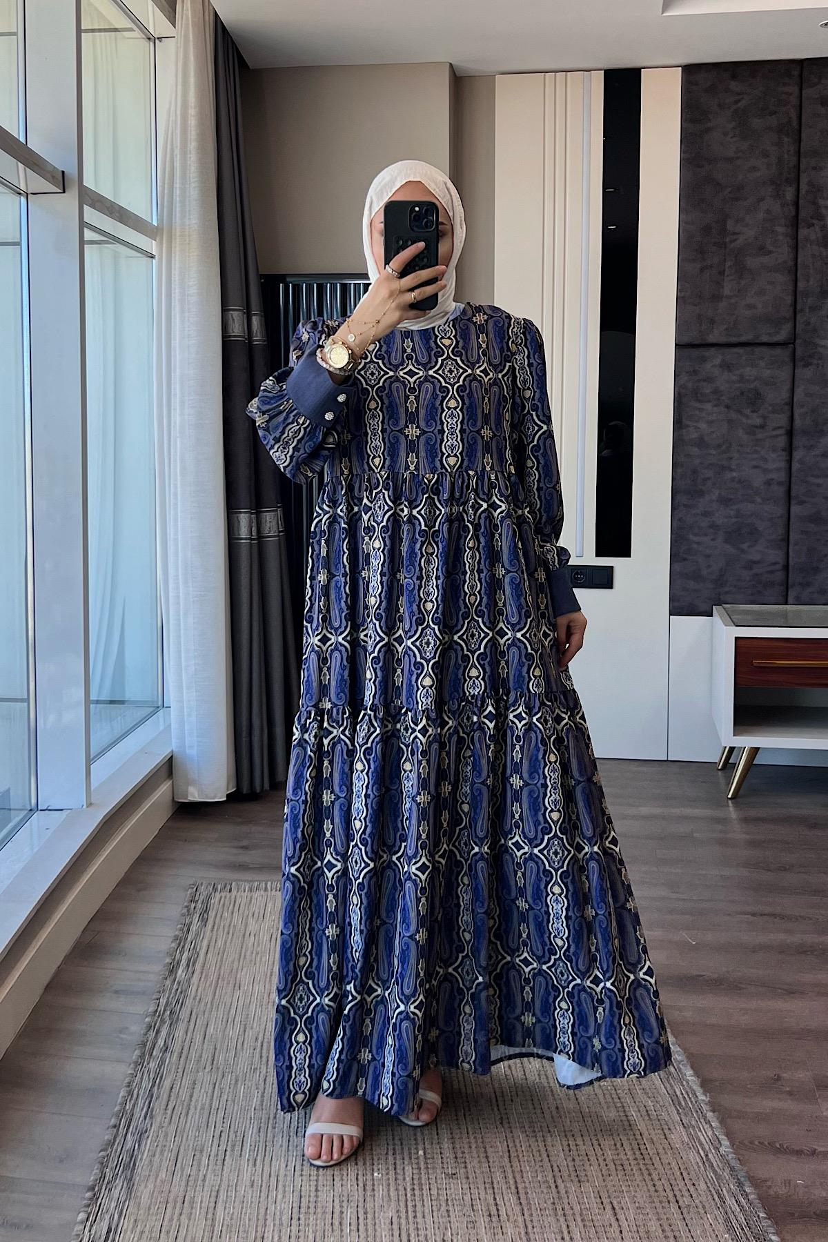 Manşet Detaylı Etnik Desen Elbise  LacivertDubaiShowroomELBİSELER02035