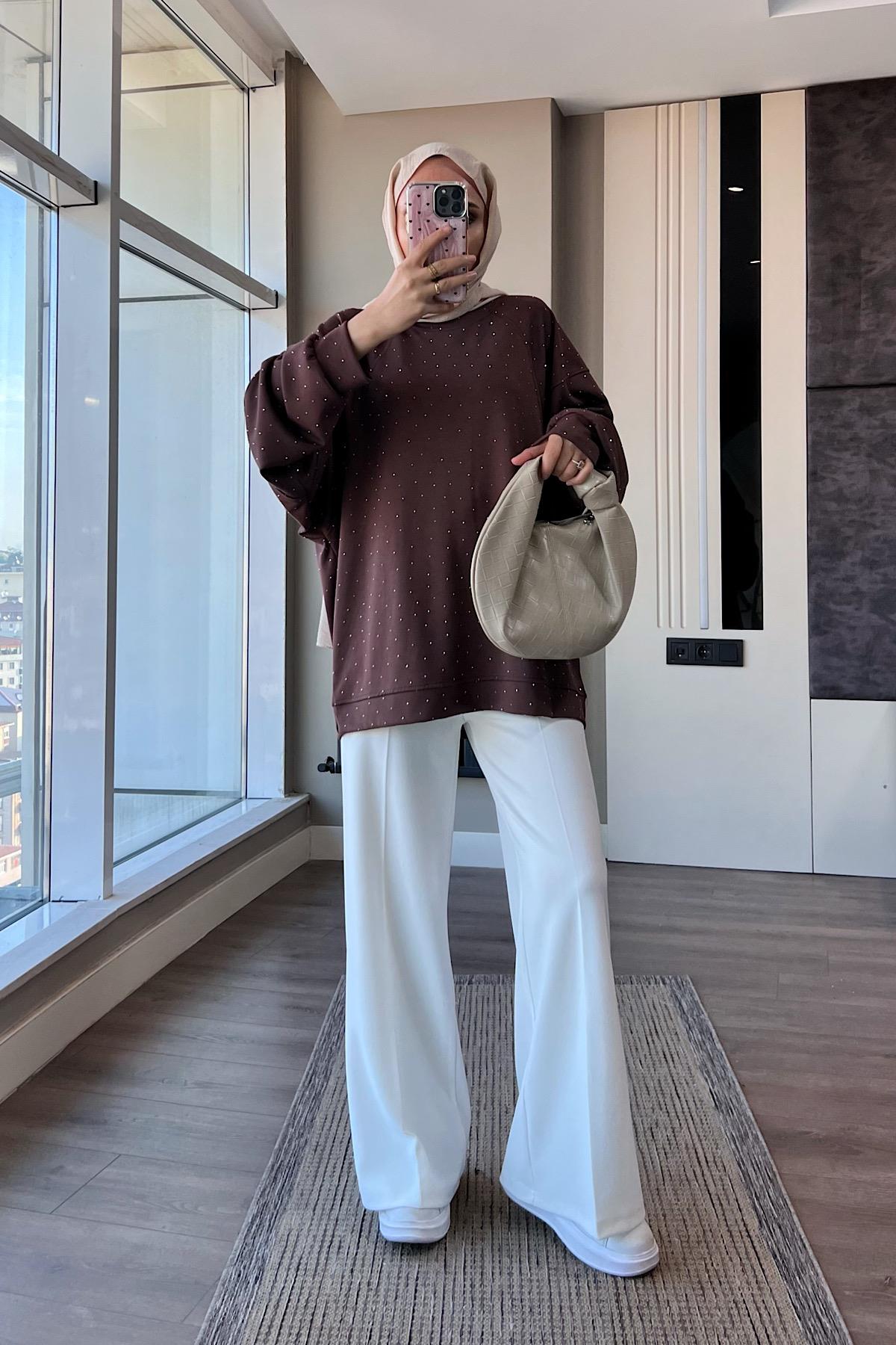 Pamuklu Taşlı Sweat Kahverengi DubaiShowroomÜST GİYİM202894