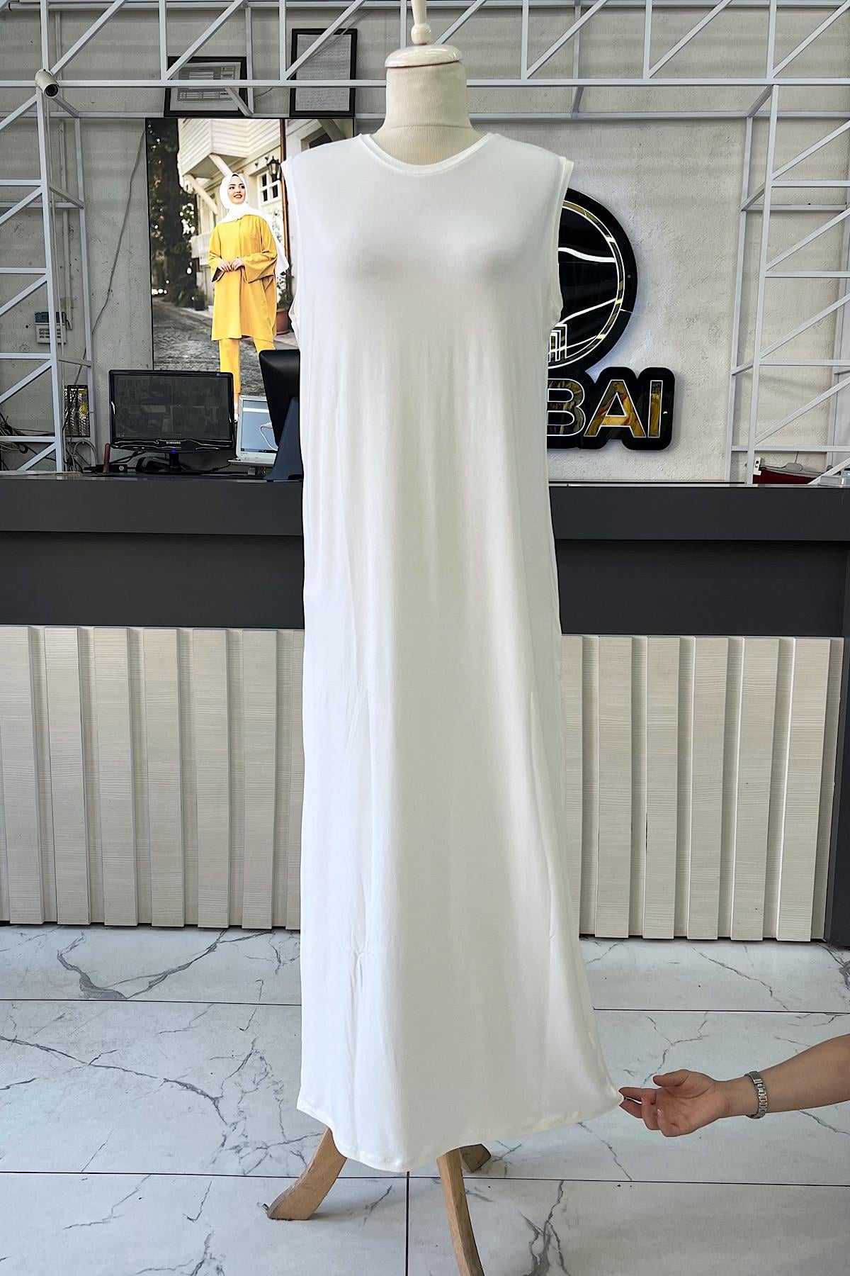 Pamuklu Sıfır kol içlik Elbise -krem-DubaiShowroomÜST GİYİM01089