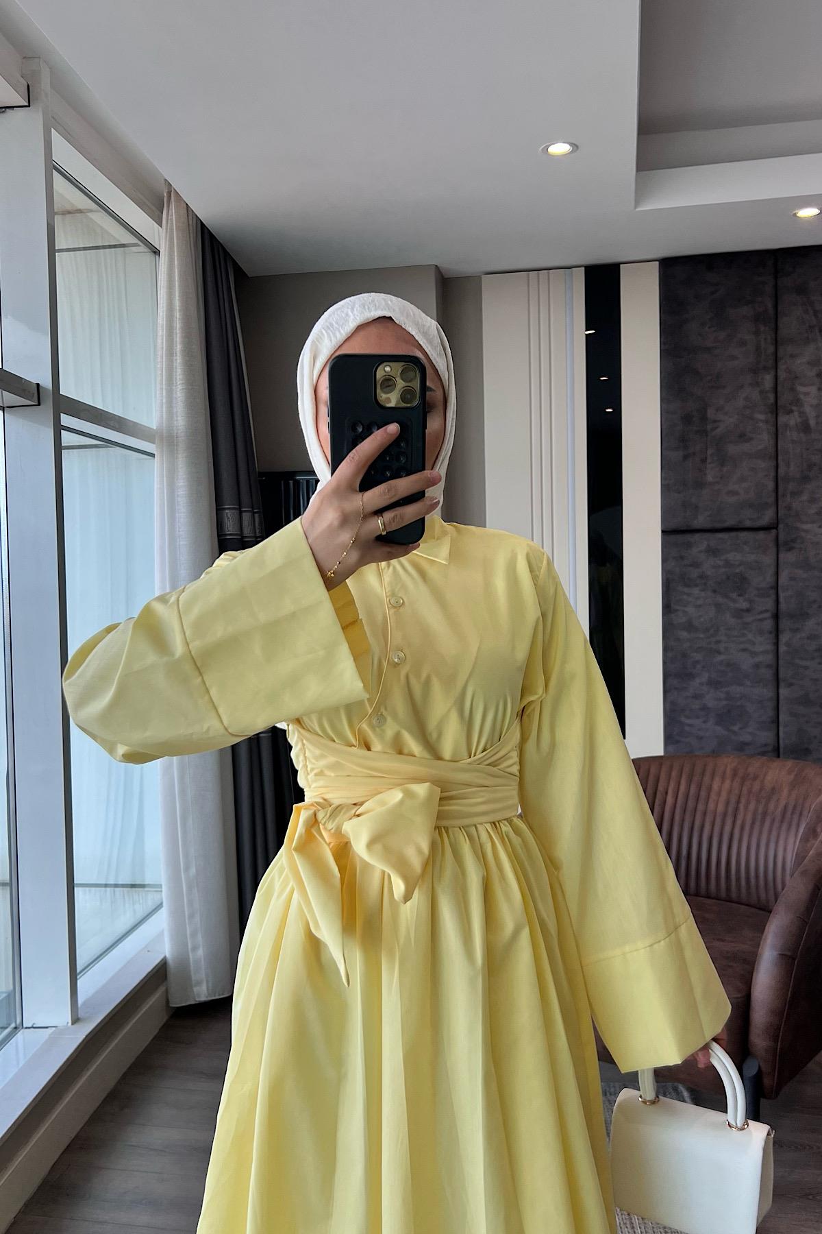 Bağlama Detaylı Poplin Elbise SarıDubaiShowroomELBİSELER01045