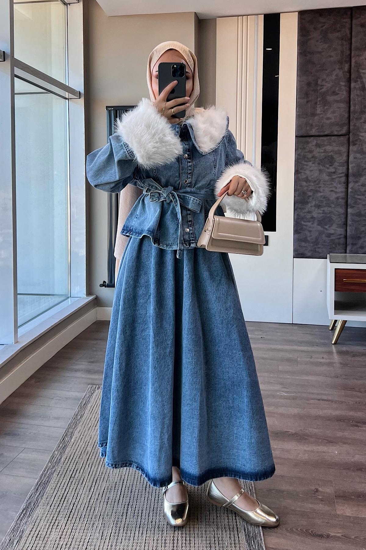 Manşet Kürk Detay Denim TakımDubaiShowroomTAKIM41478