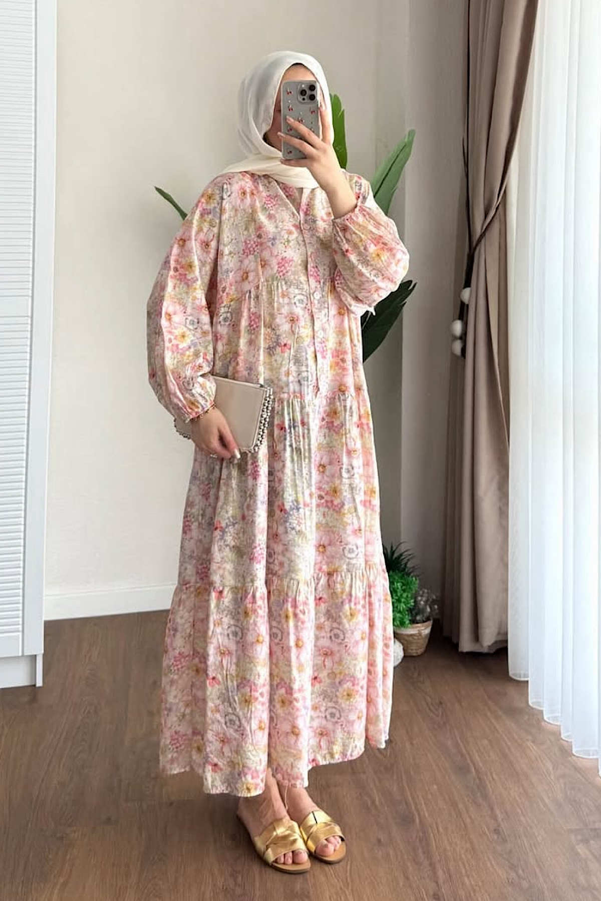 Çiçek desenli yarım patlı elbise DubaiShowroomELBİSELER01551