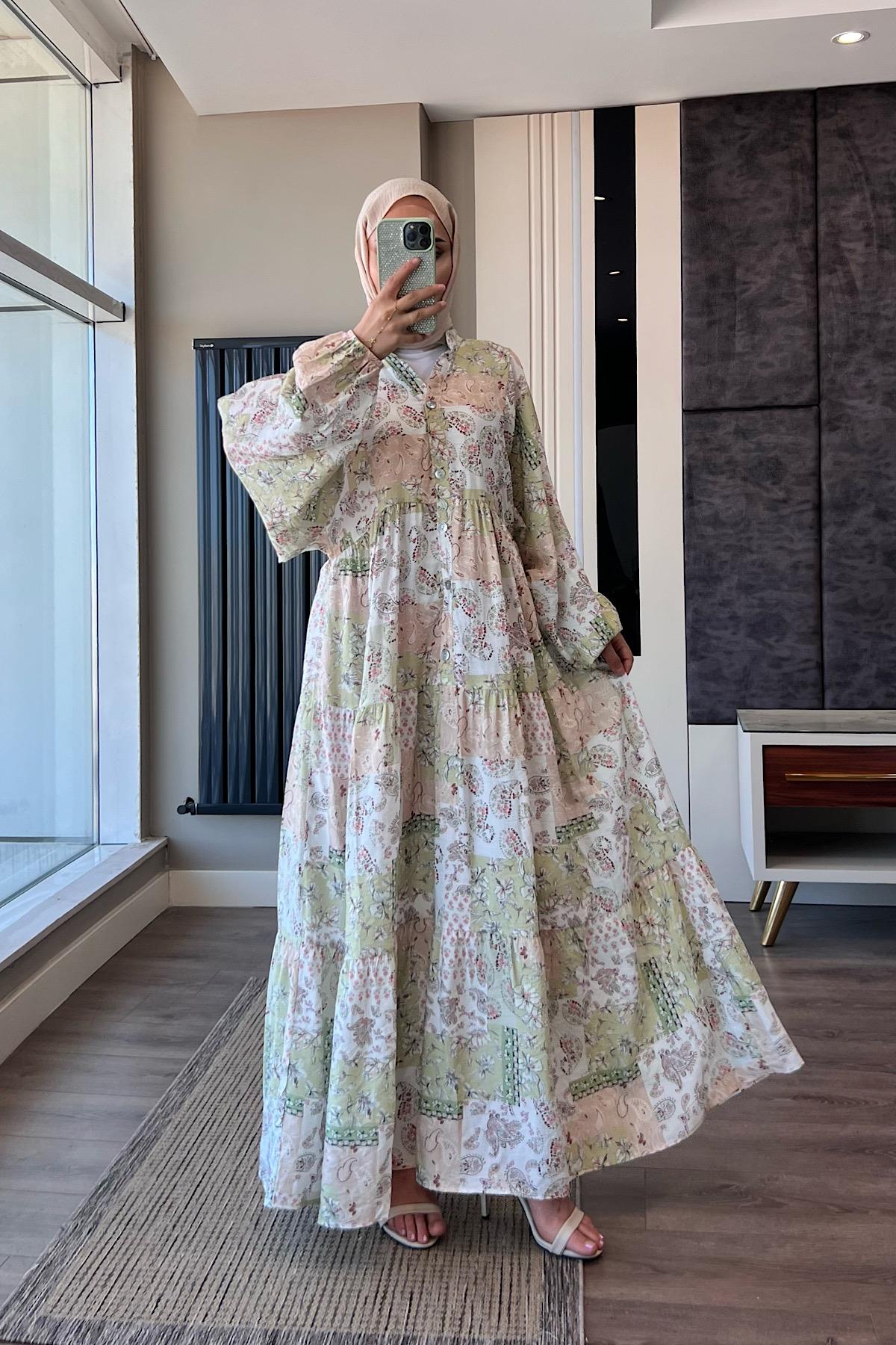 Yarım Patlı Desenli Elbise Yeşil Çiçekli DubaiShowroomELBİSELER01551-YŞL