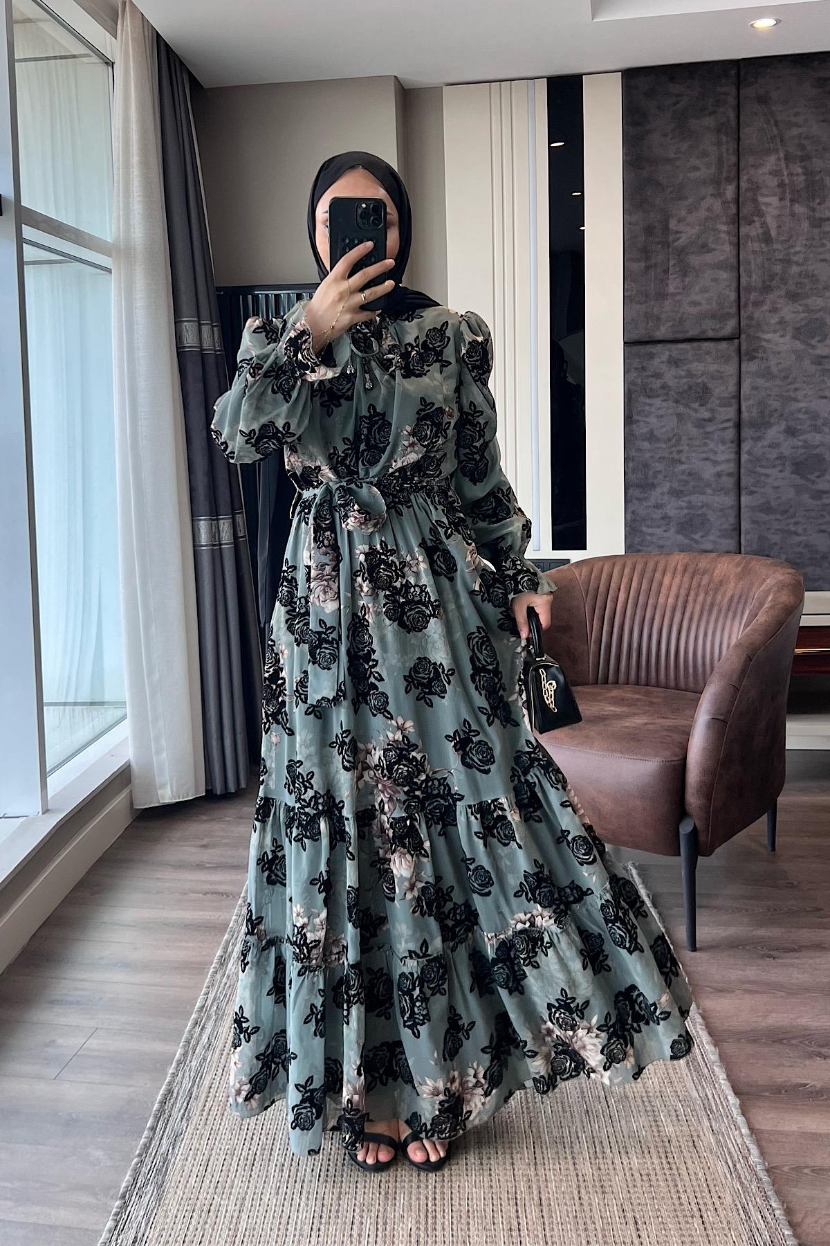 Çiçek Desenli Elbise YeşilDubaiShowroomELBİSELER0428