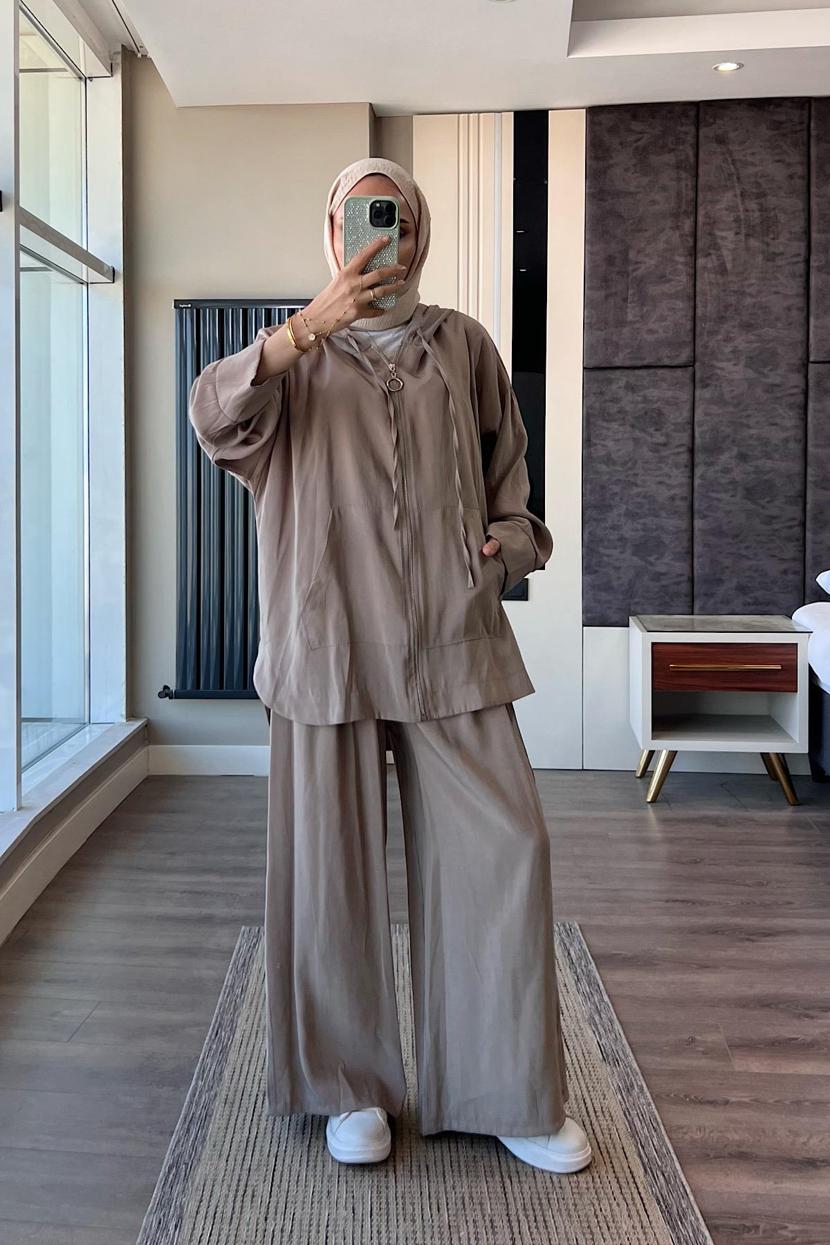 Fermuarlı Kapşonlu Takım VizonDubaiShowroomTAKIM02323-VZN