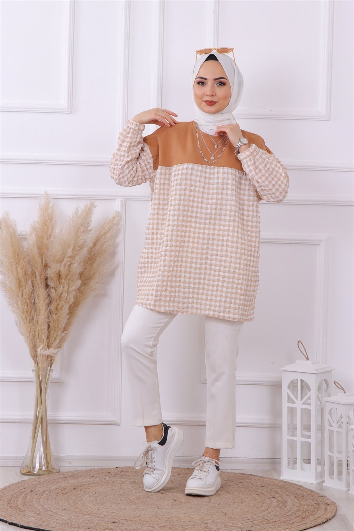 altı kareli tunik camel