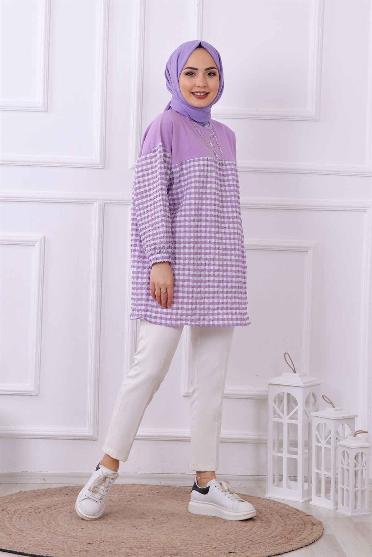 altı kareli tunik lila