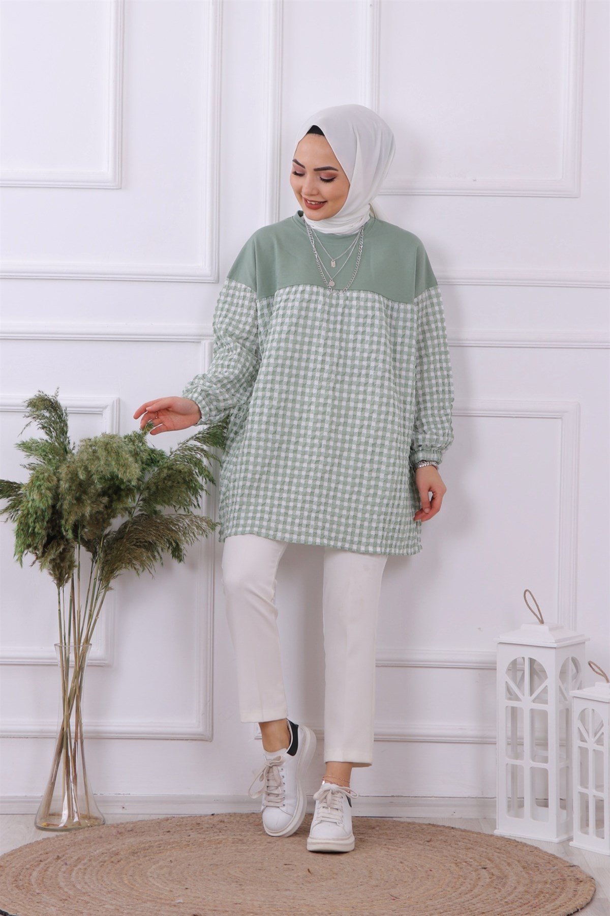 altı kareli tunik yeşil