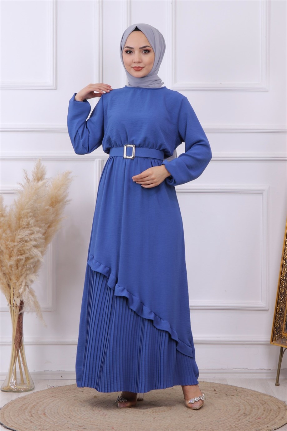 ALTI PLİSELİ ELBİSE İNDİGO