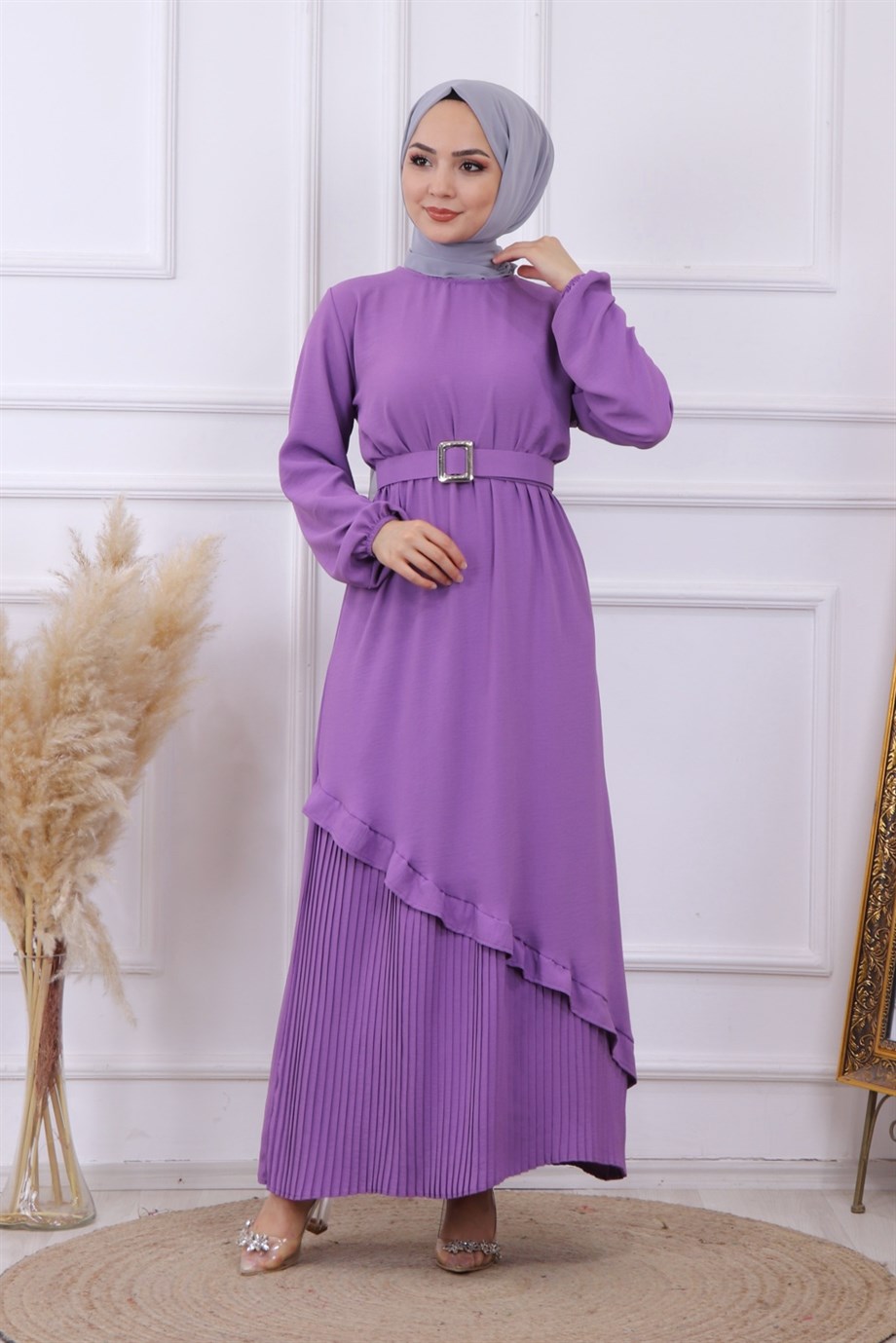ALTI PLİSELİ ELBİSE LİLA
