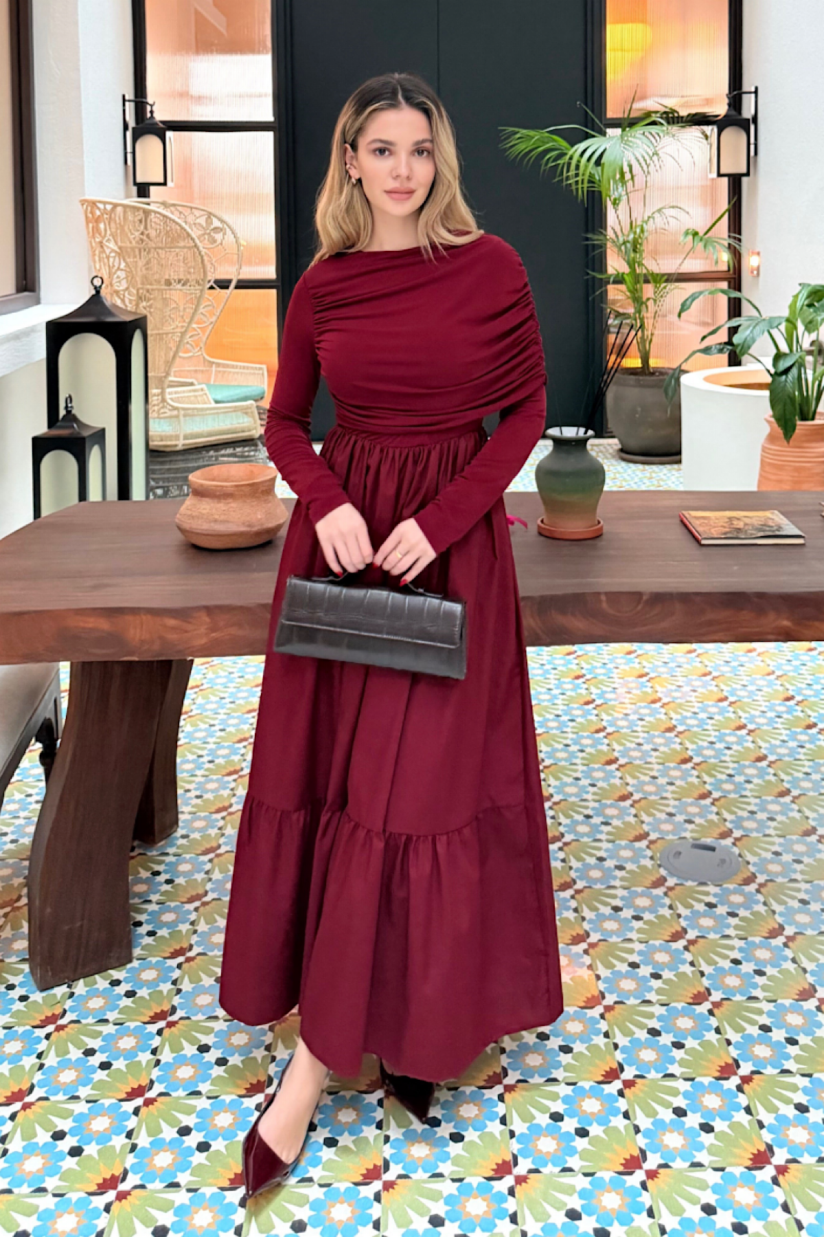 Büzgülü Sandy Poplin Elbise BordoDubaiShowroomELBİSELER91110