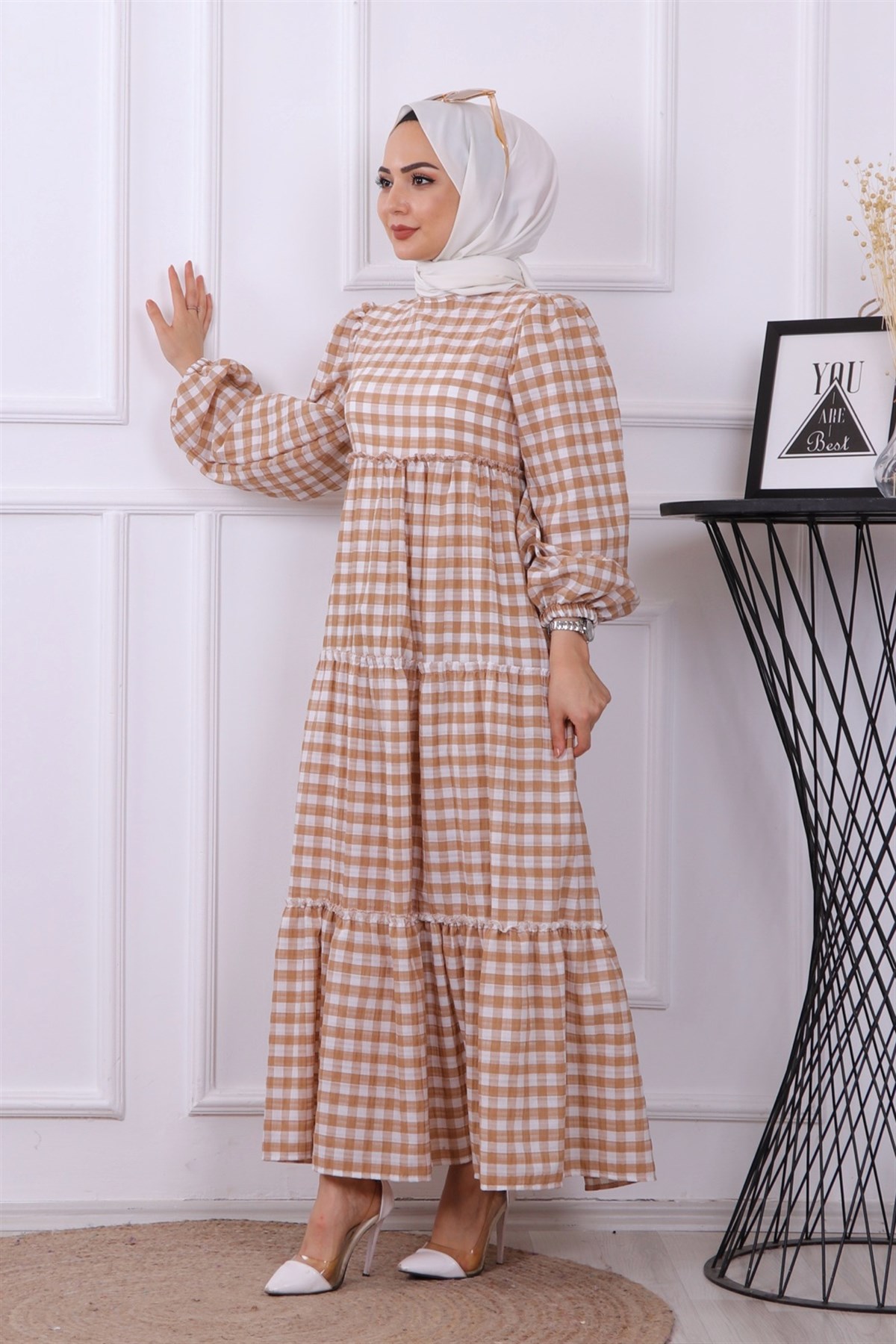 BALON KOL ELBİSE CAMEL BEYAZ