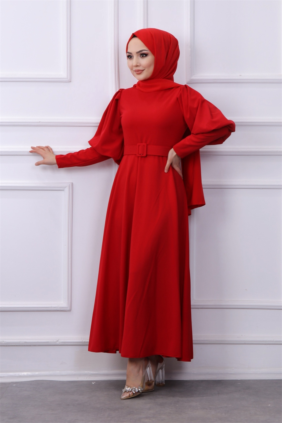 Balon kol elbise kırmızı