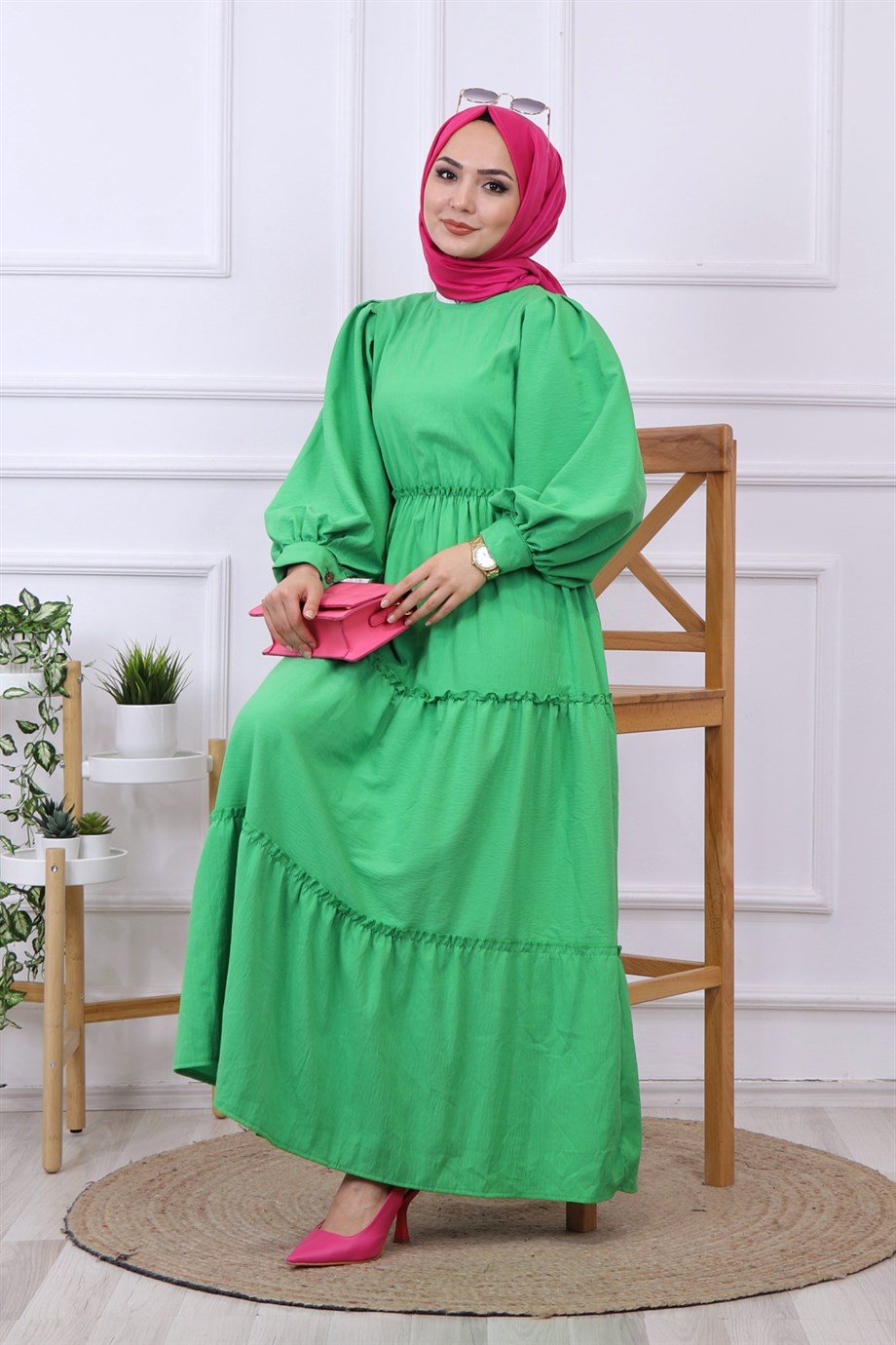 BALON KOL ELBİSE YEŞİL