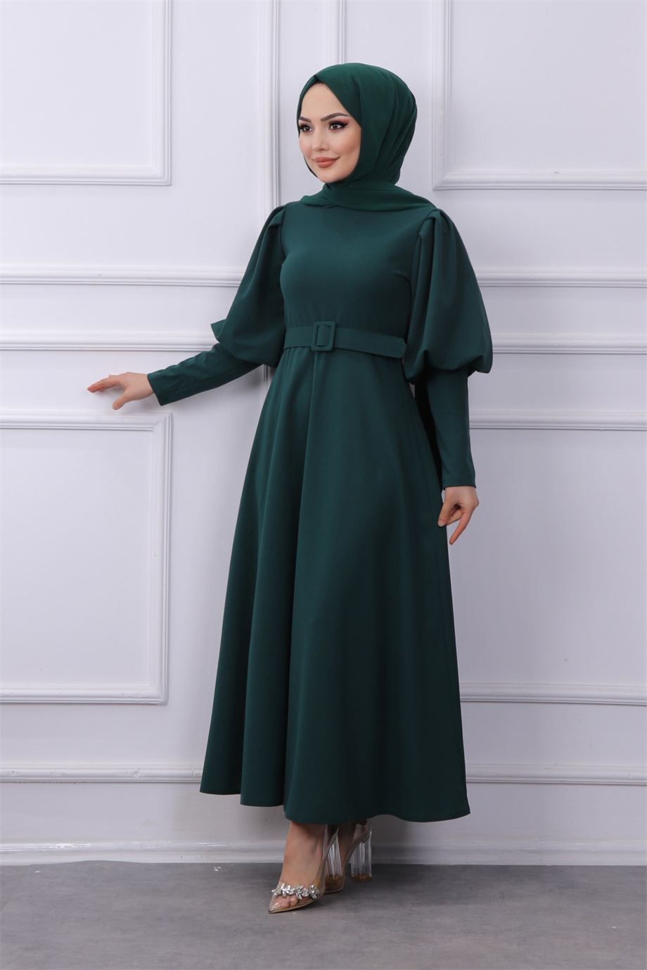 Balon kol elbise yeşil