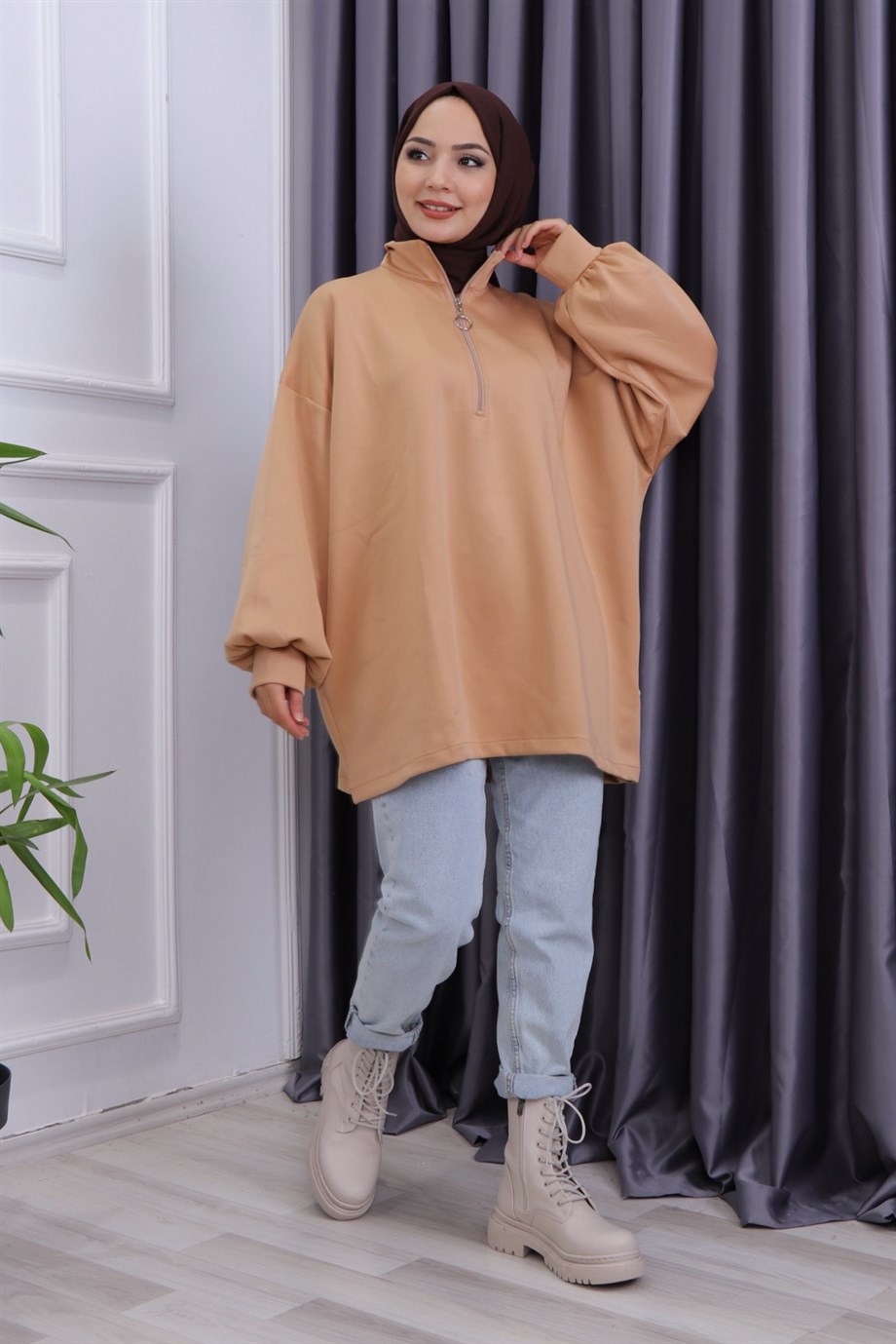 BALON KOL FERMUARLI TUNİK CAMEL