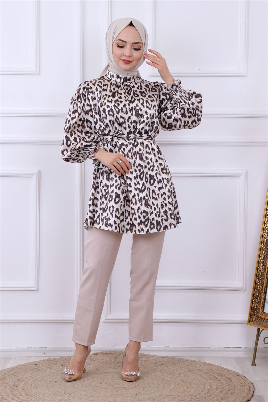 BALON KOL LEOPAR DESEN TUNİK - KAHVE