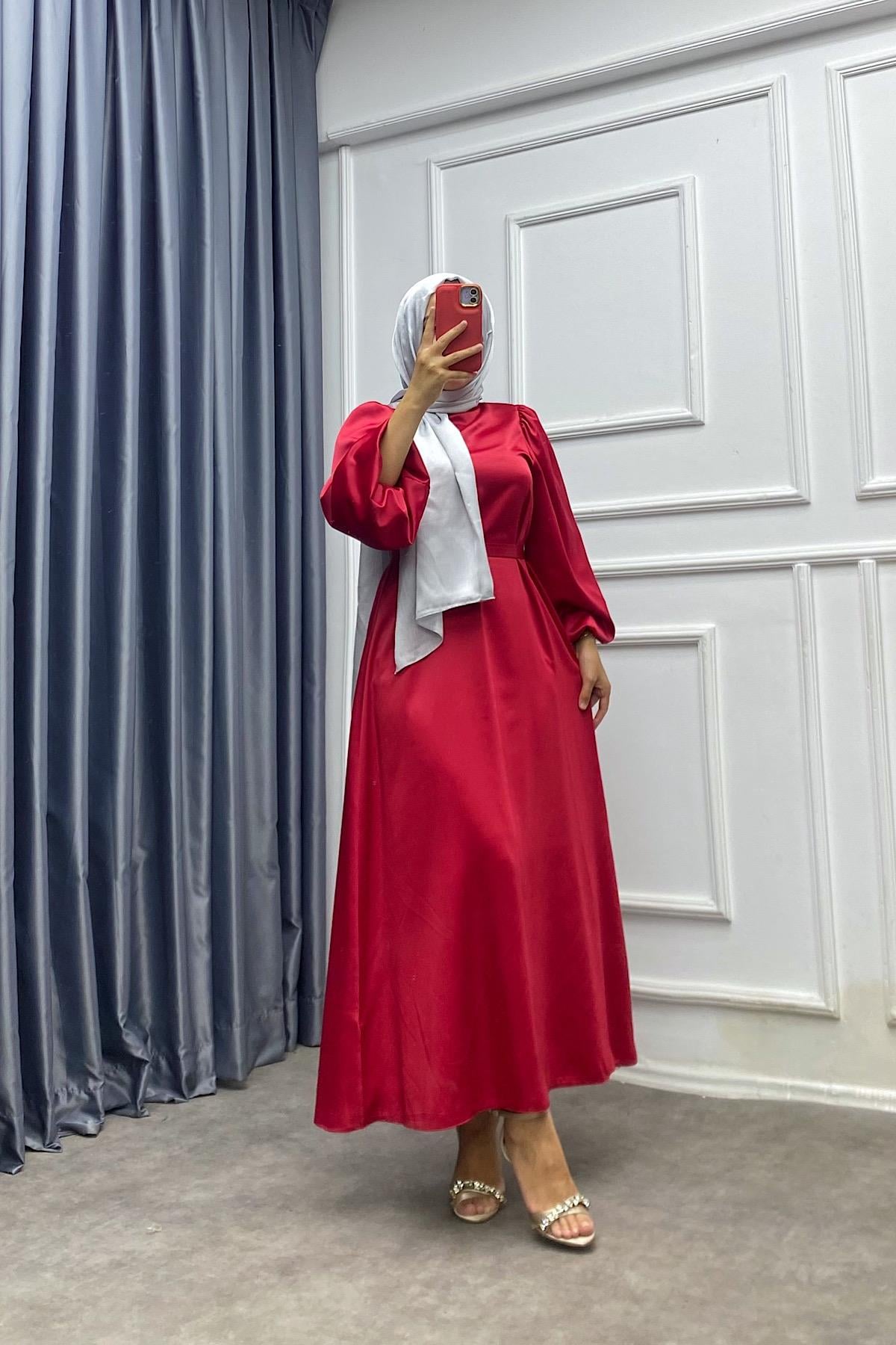 Balon Kol Saten Elbise Kırmızı 