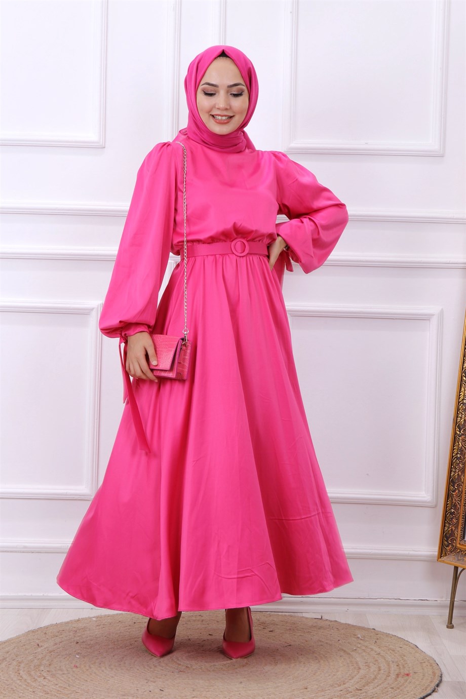 BALON KOL SATEN ELBİSE PEMBE
