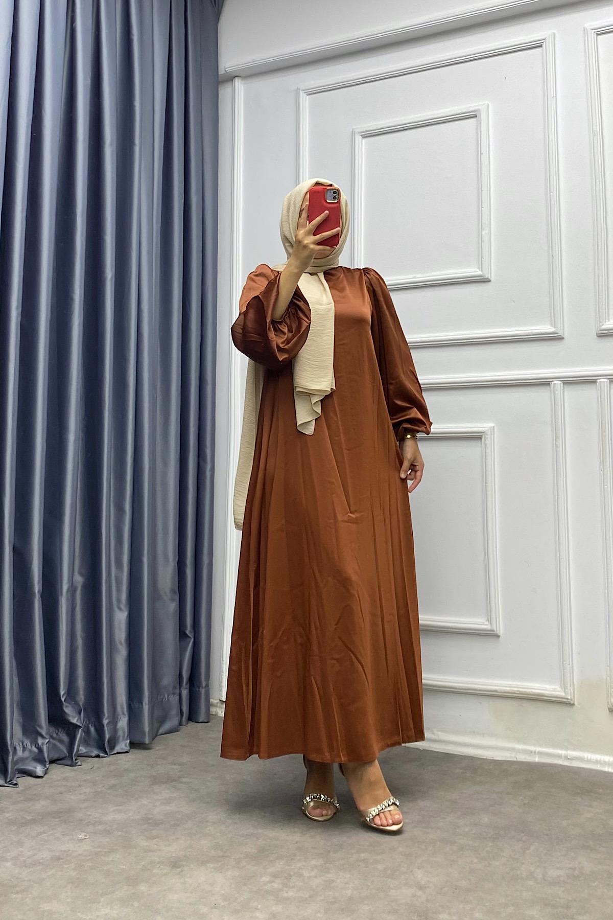 Balon Kol Saten Elbise Taba 