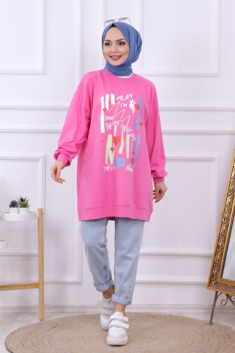 BASKI VE TAŞ İŞLEMELİ SWEAT PEMBE 