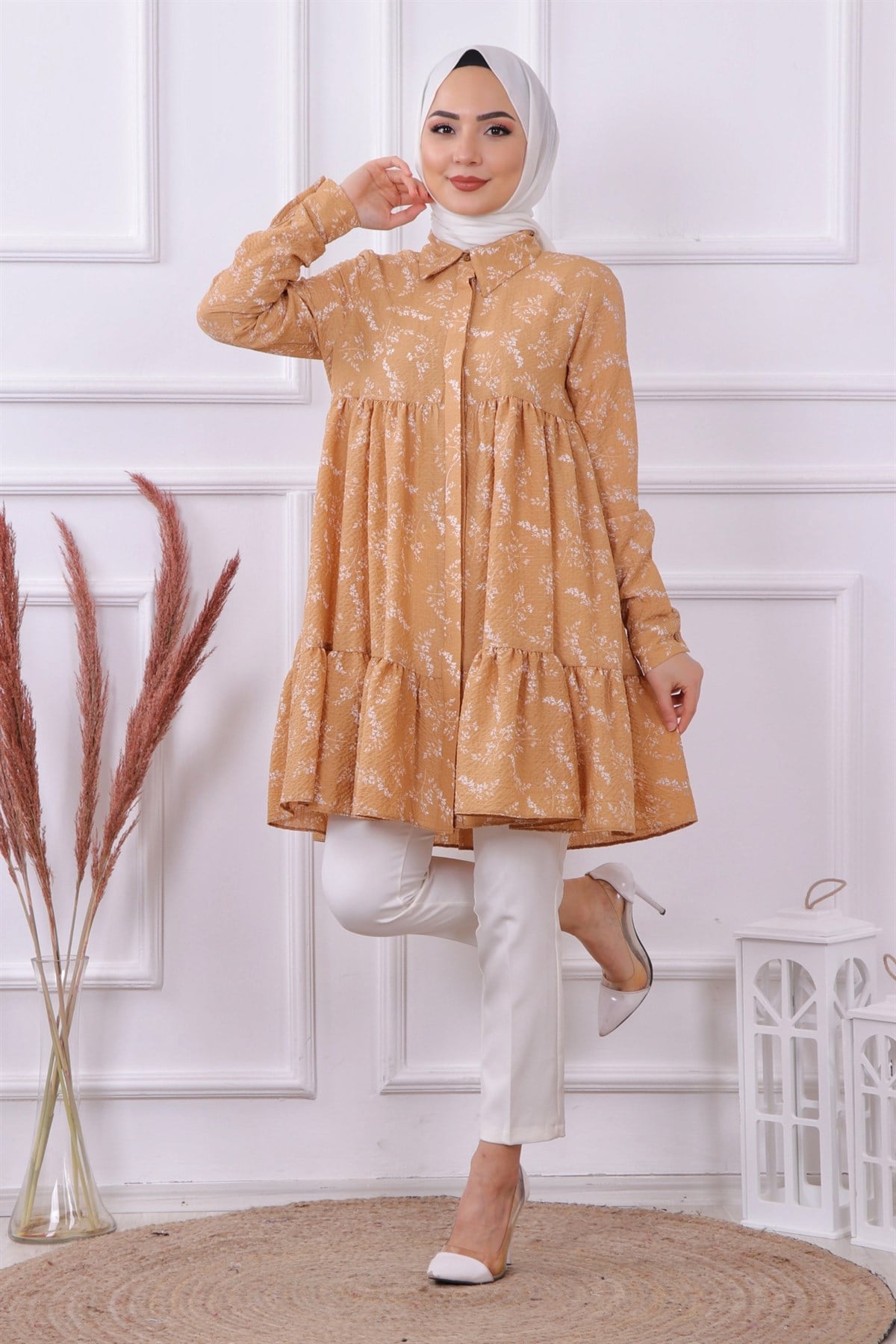 Baskılı gofre tunik camel