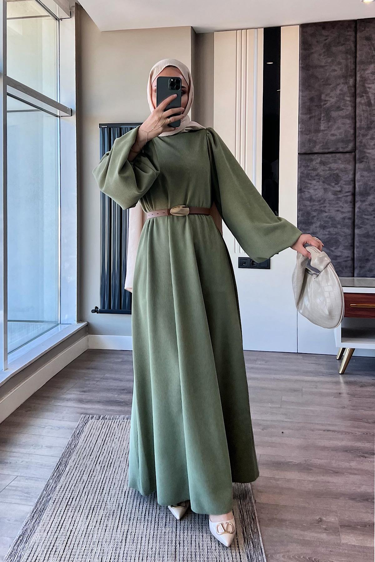 Kemerli Balon Kol Elbise YeşilDubaiShowroomELBİSELER01151