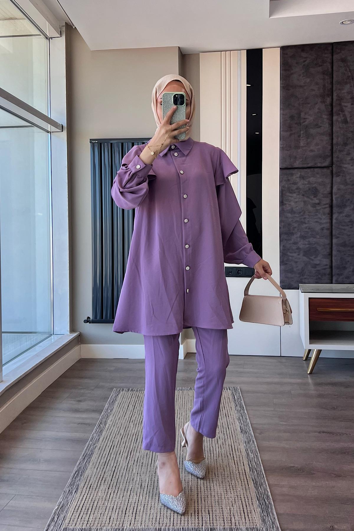 Kolları Volanlı Takım LilaDubaiShowroomTAKIM01542-LİLA