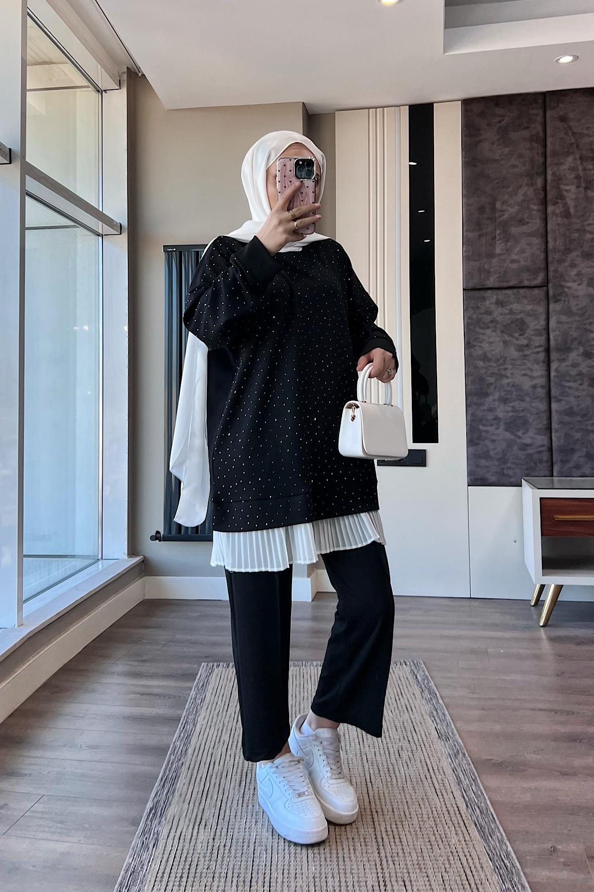 Altı Pileli Üzeri taşlı Takım SiyahDubaiShowroomTAKIM41654